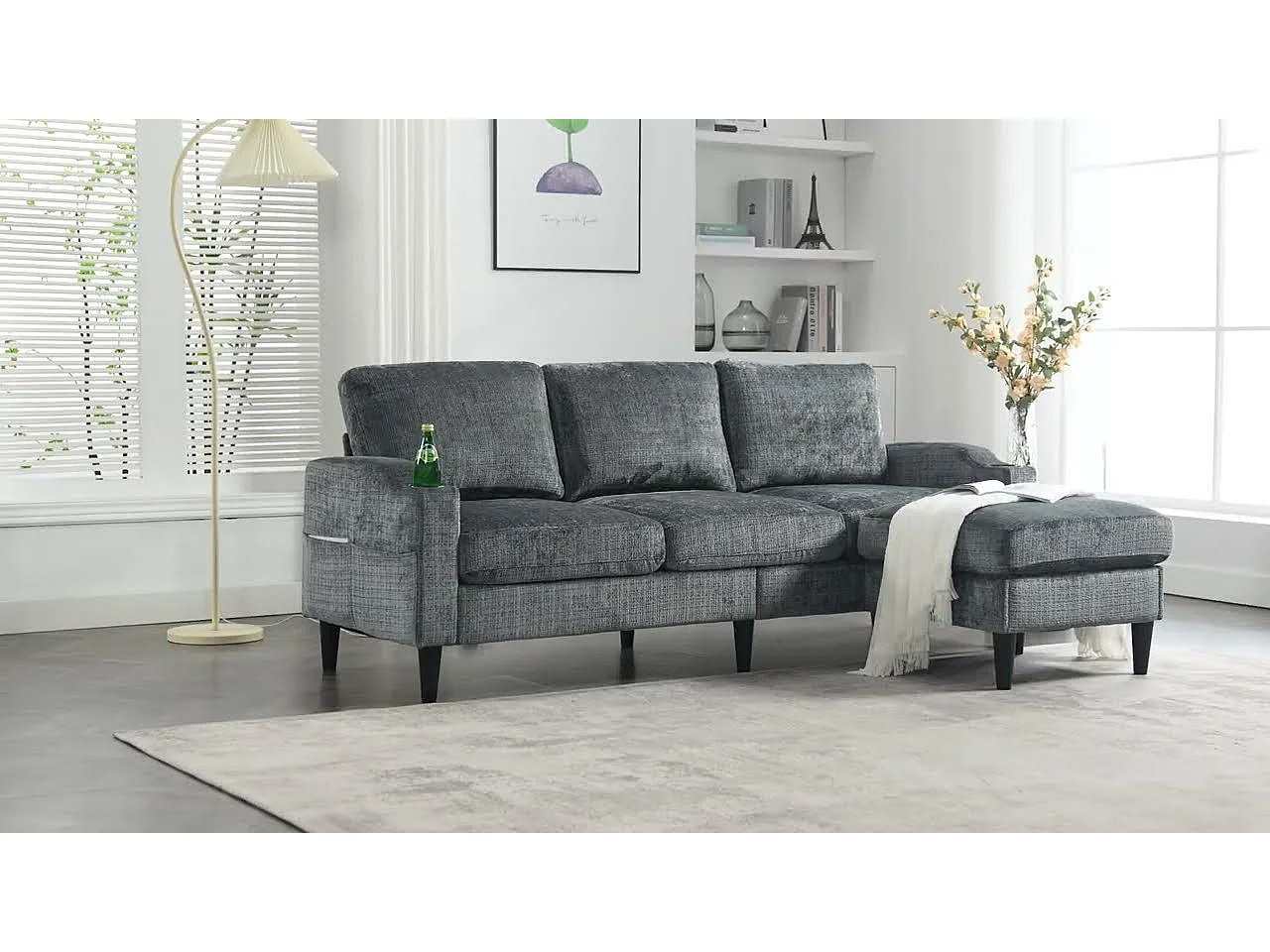 Canapé 3 places en tissu chenille Noir – avec repose‑pieds mobile coffre & porte‑gobelet – idéal pour salon et bureau - 196.5x75x77cm