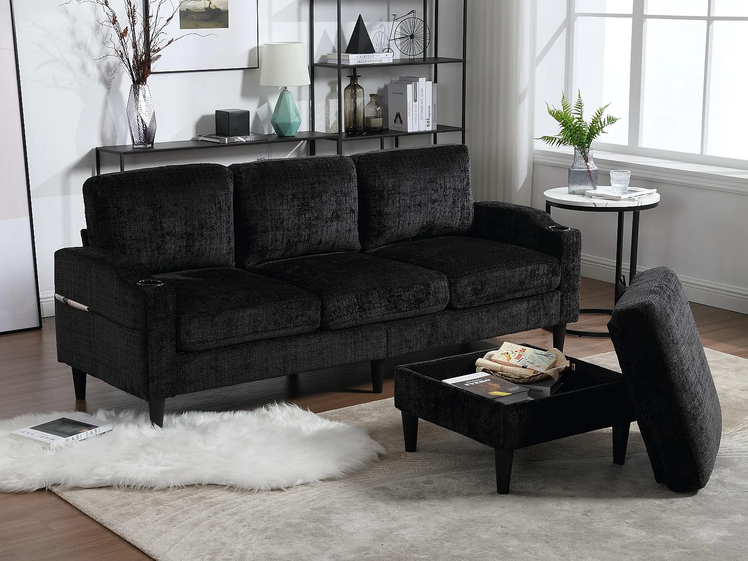 Canapé 3 places en tissu chenille Noir – avec repose‑pieds mobile coffre & porte‑gobelet – idéal pour salon et bureau - 196.5x75x77cm