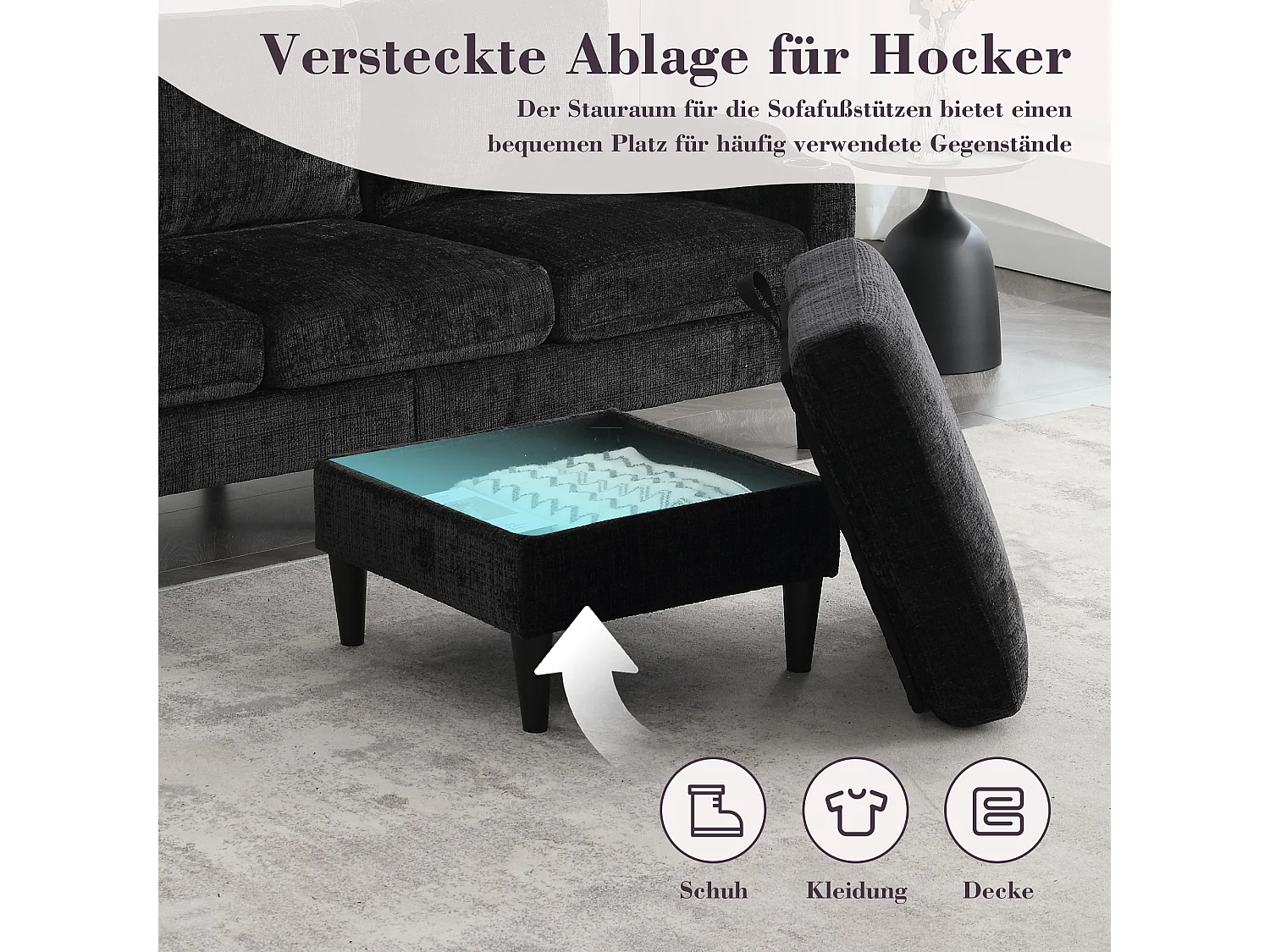 Canapé 3 places en tissu chenille Noir – avec repose‑pieds mobile coffre & porte‑gobelet – idéal pour salon et bureau - 196.5x75x77cm