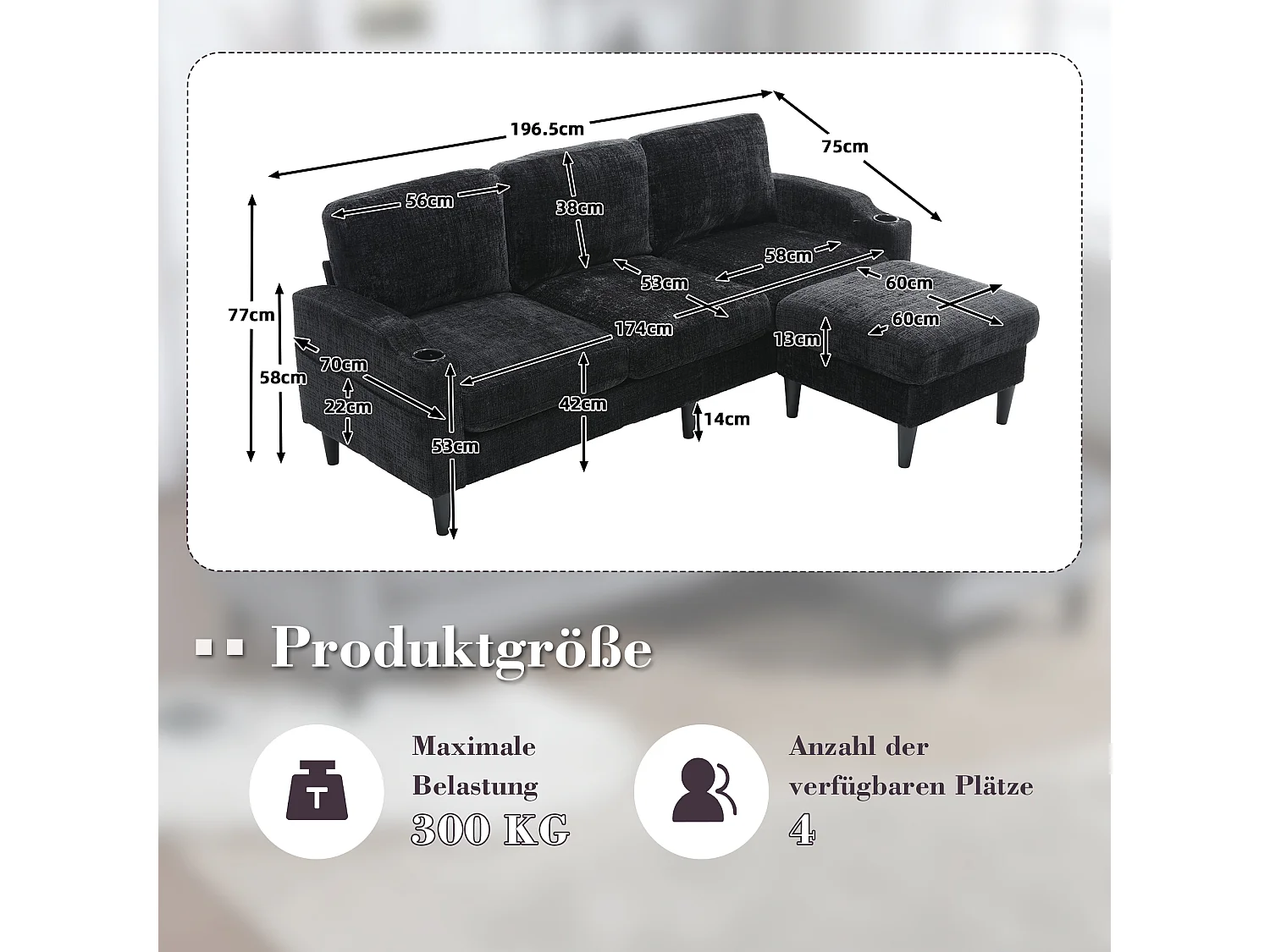 Canapé 3 places en tissu chenille Noir – avec repose‑pieds mobile coffre & porte‑gobelet – idéal pour salon et bureau - 196.5x75x77cm