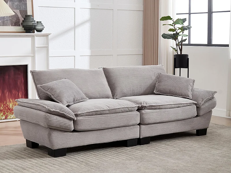 Canapé fixe 2 places en velours gris claire - Double assise et 2 coussins inclus - Conçu pour le salon et le sommeil confortable