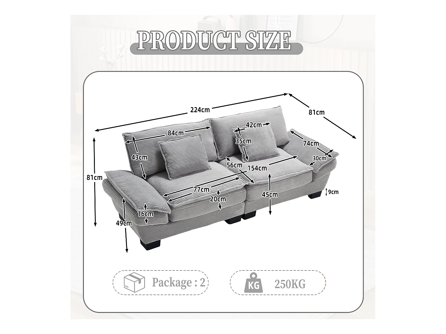 Canapé 2 places en velours gris – dossier inclinable et convertible en lit - 2 coussins inclus - idéal pour salon ou bureau