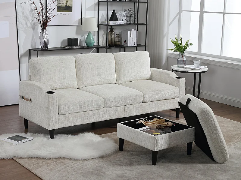 Loungebank met voetenbank en opbergruimte, 4-zits, armleuningen, bekerhouder, zijzakken, zachte chenillestof, modulaire bank