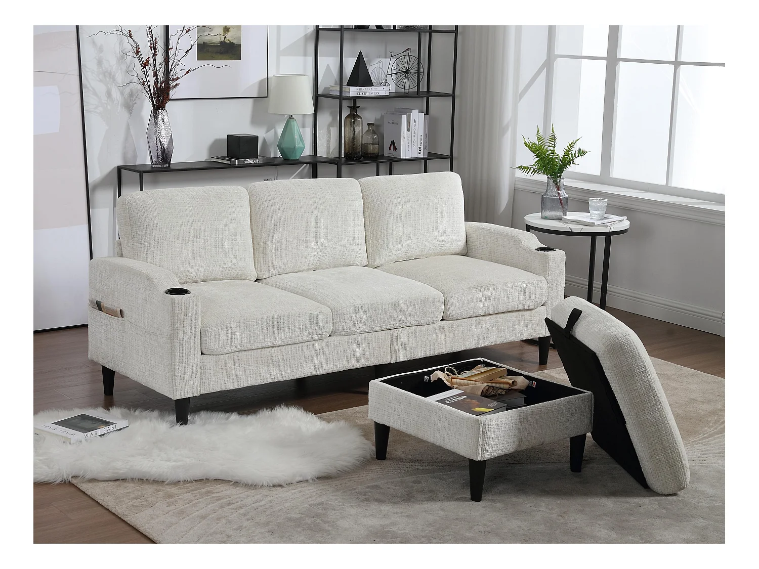 Canapé 3 places en tissu chenille beige – avec repose‑pieds mobile coffre & porte‑gobelet – idéal pour salon et bureau - 196.5x75x77cm