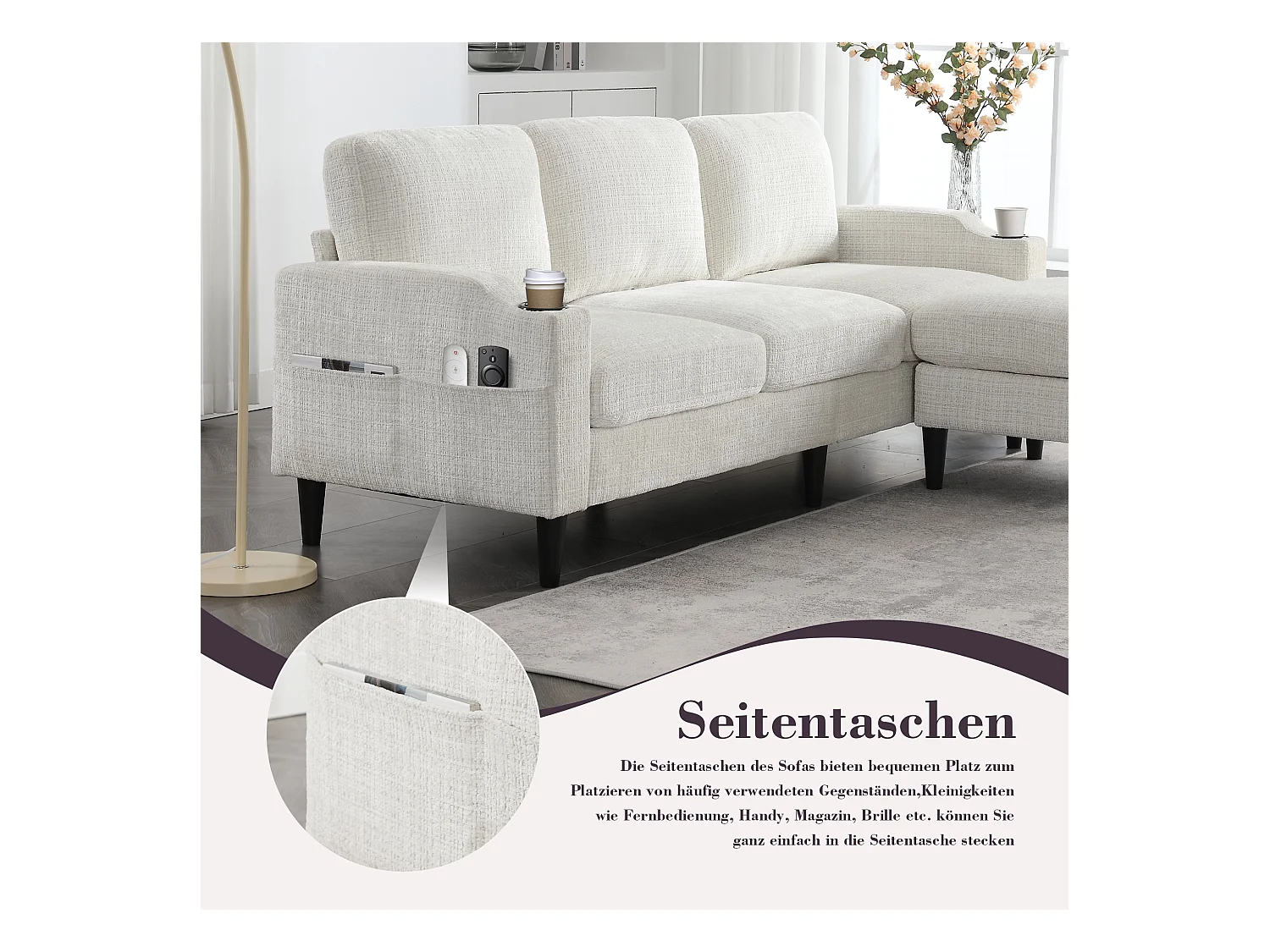 Canapé 3 places en tissu chenille beige – avec repose‑pieds mobile coffre & porte‑gobelet – idéal pour salon et bureau - 196.5x75x77cm