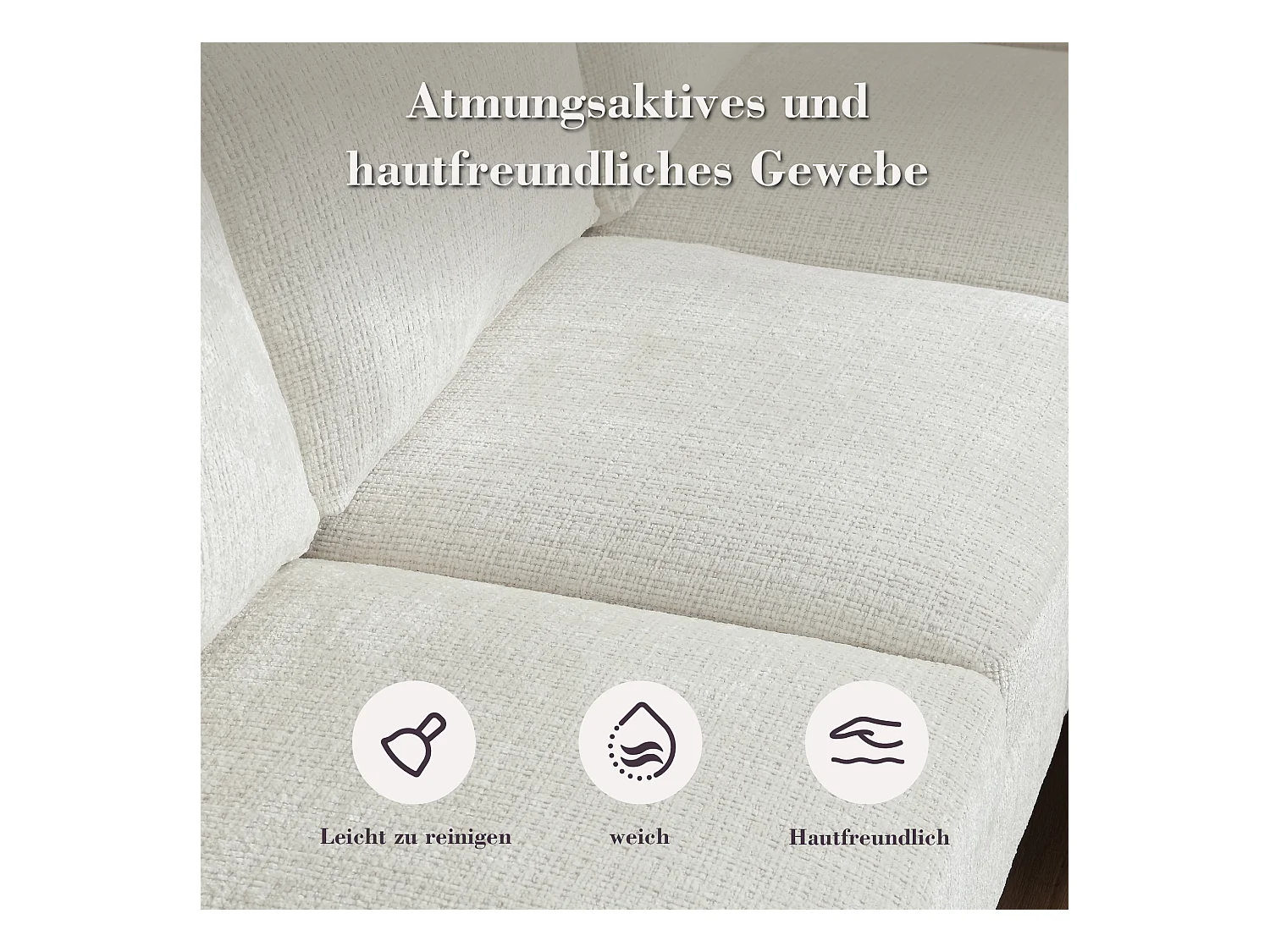 Canapé 3 places en tissu chenille beige – avec repose‑pieds mobile coffre & porte‑gobelet – idéal pour salon et bureau - 196.5x75x77cm