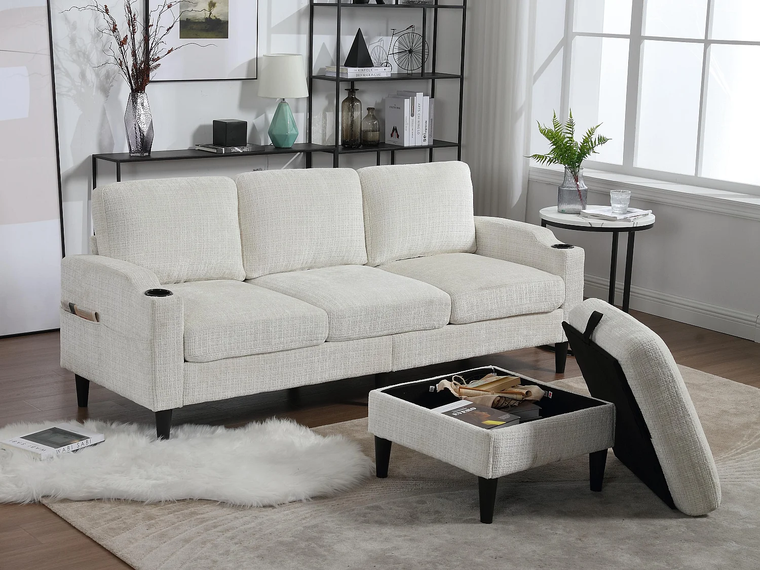 Canapé 3 places en tissu chenille beige – avec repose‑pieds mobile coffre & porte‑gobelet – idéal pour salon et bureau - 196.5x75x77cm