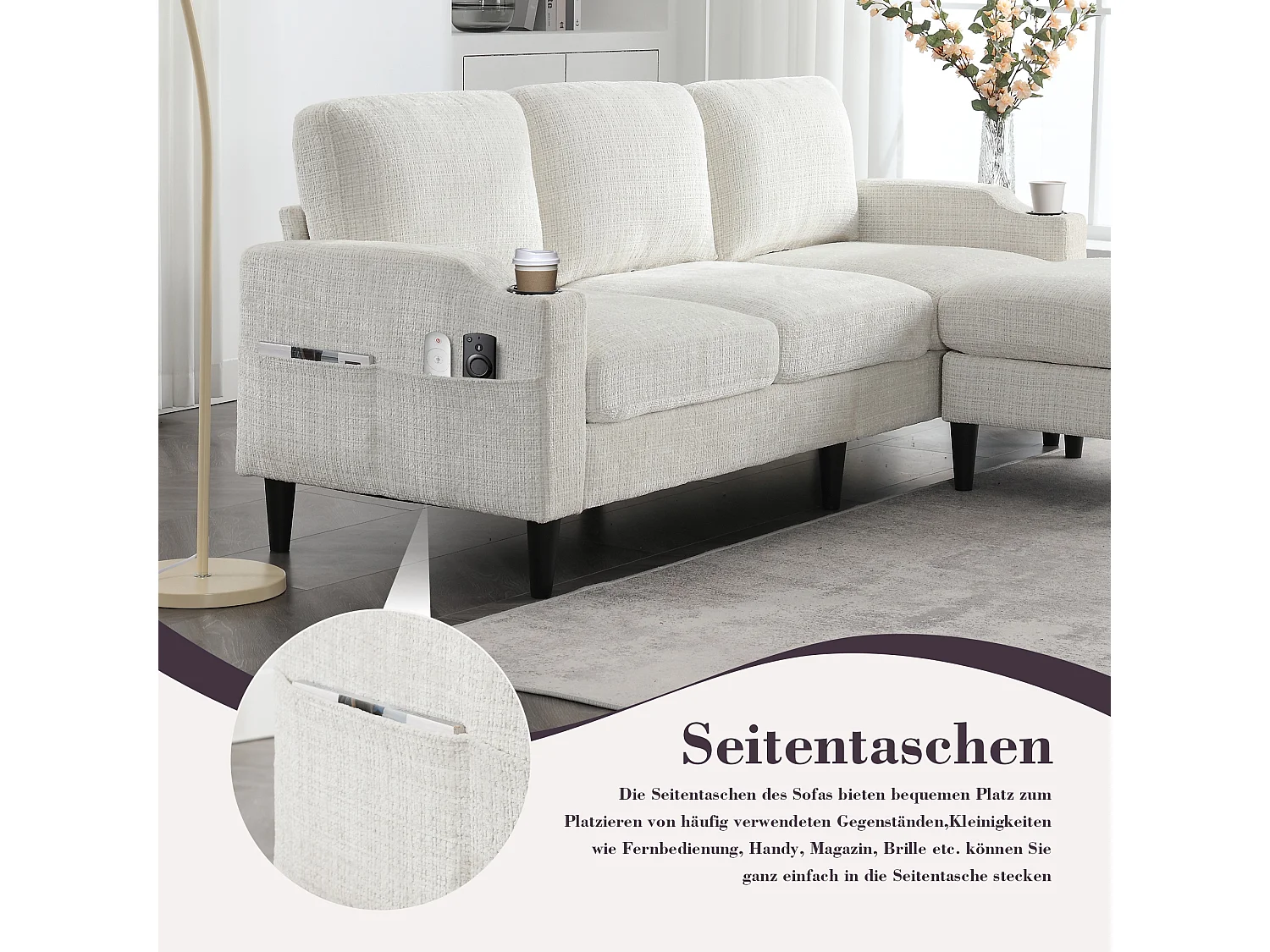 Canapé 3 places en tissu chenille beige – avec repose‑pieds mobile coffre & porte‑gobelet – idéal pour salon et bureau - 196.5x75x77cm