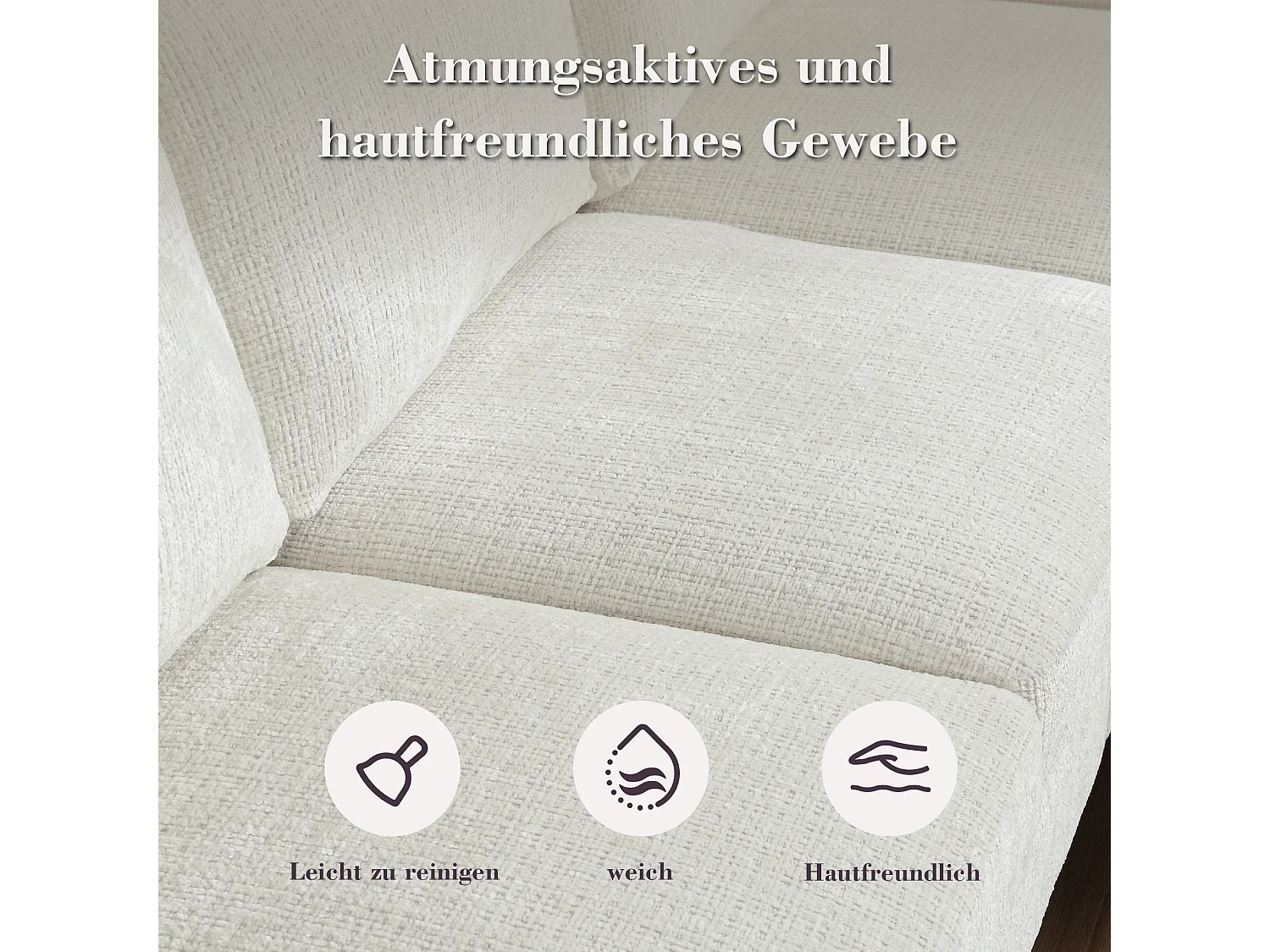 Canapé 3 places en tissu chenille beige – avec repose‑pieds mobile coffre & porte‑gobelet – idéal pour salon et bureau - 196.5x75x77cm