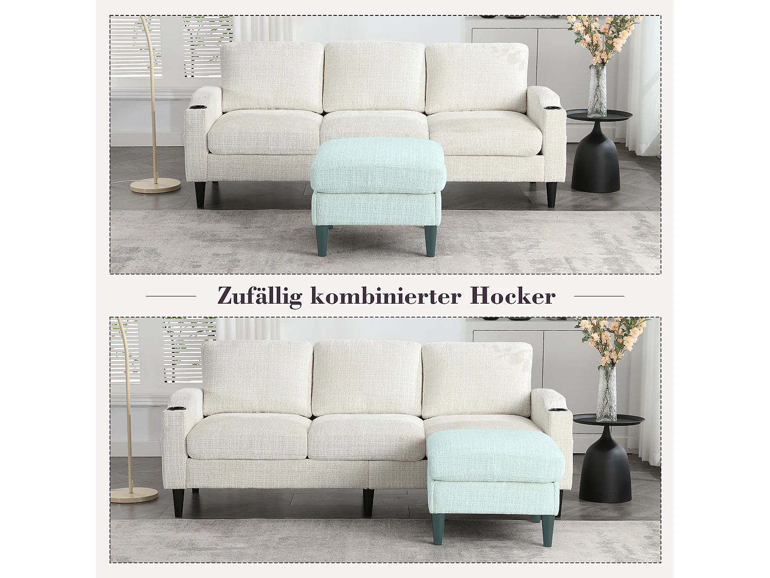 Canapé 3 places en tissu chenille beige – avec repose‑pieds mobile coffre & porte‑gobelet – idéal pour salon et bureau - 196.5x75x77cm