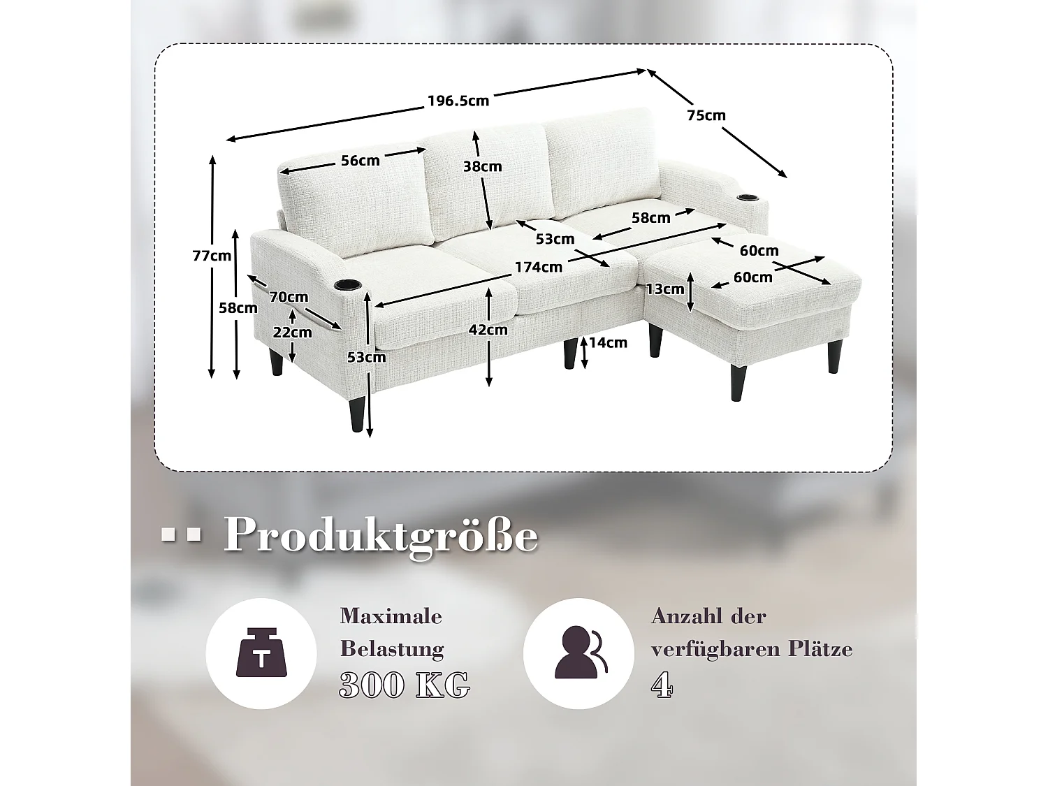 Canapé 3 places en tissu chenille beige – avec repose‑pieds mobile coffre & porte‑gobelet – idéal pour salon et bureau - 196.5x75x77cm