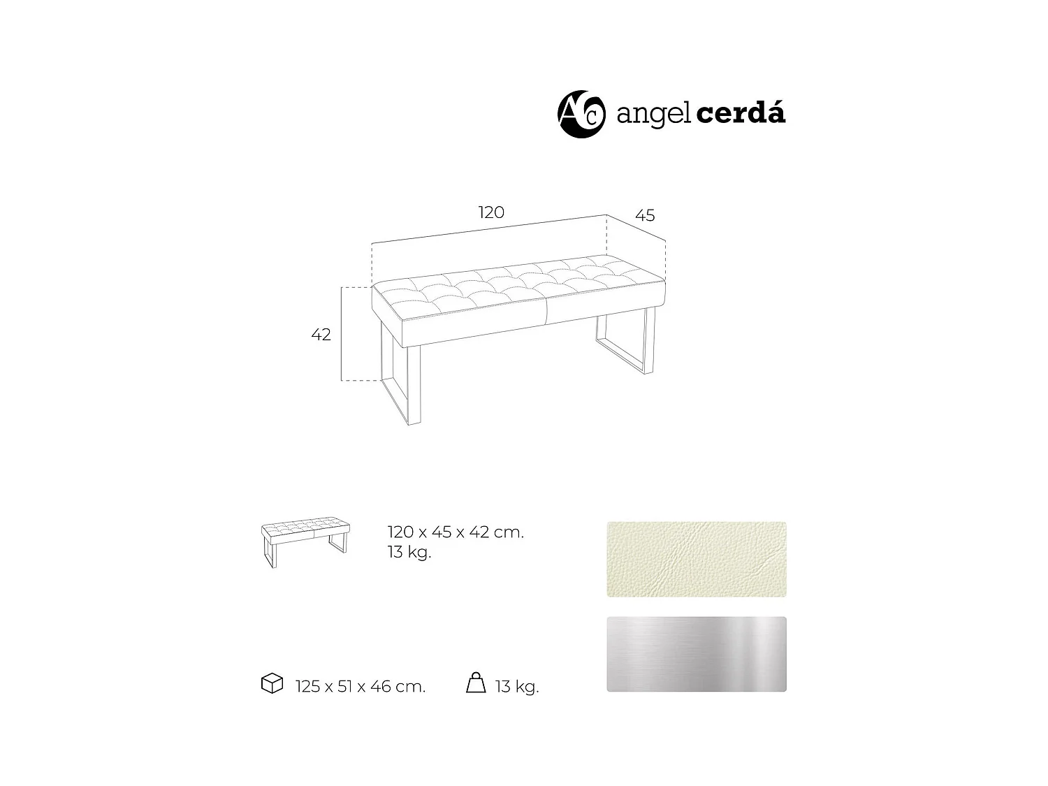 Banc rembourré structure acier inoxydable