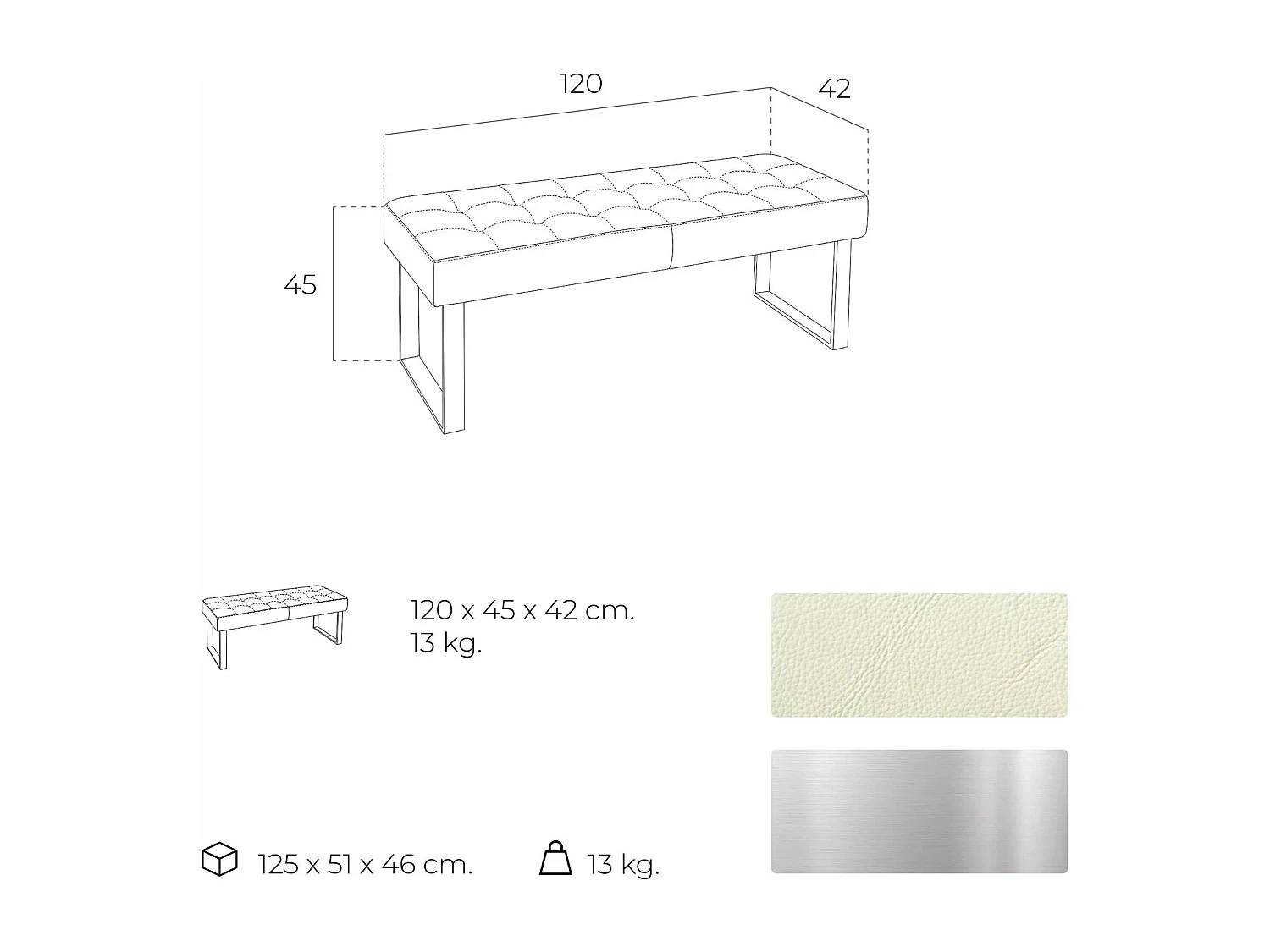 Banc rembourré structure acier inoxydable