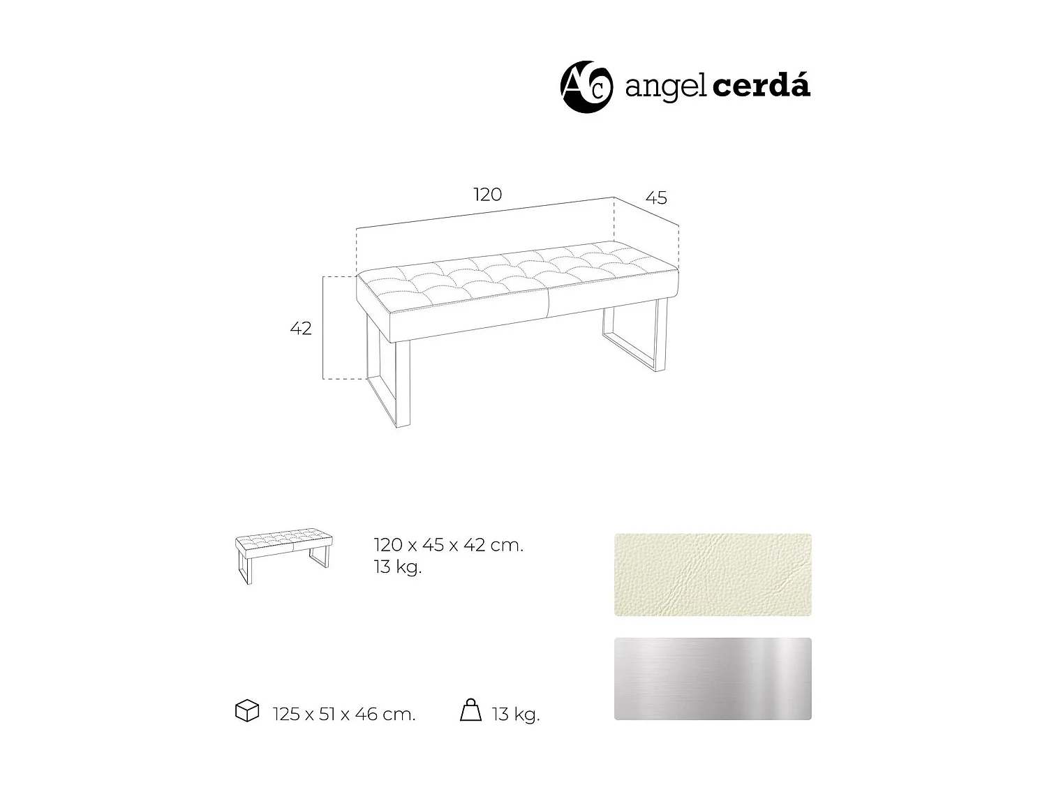 Banc rembourré structure acier inoxydable