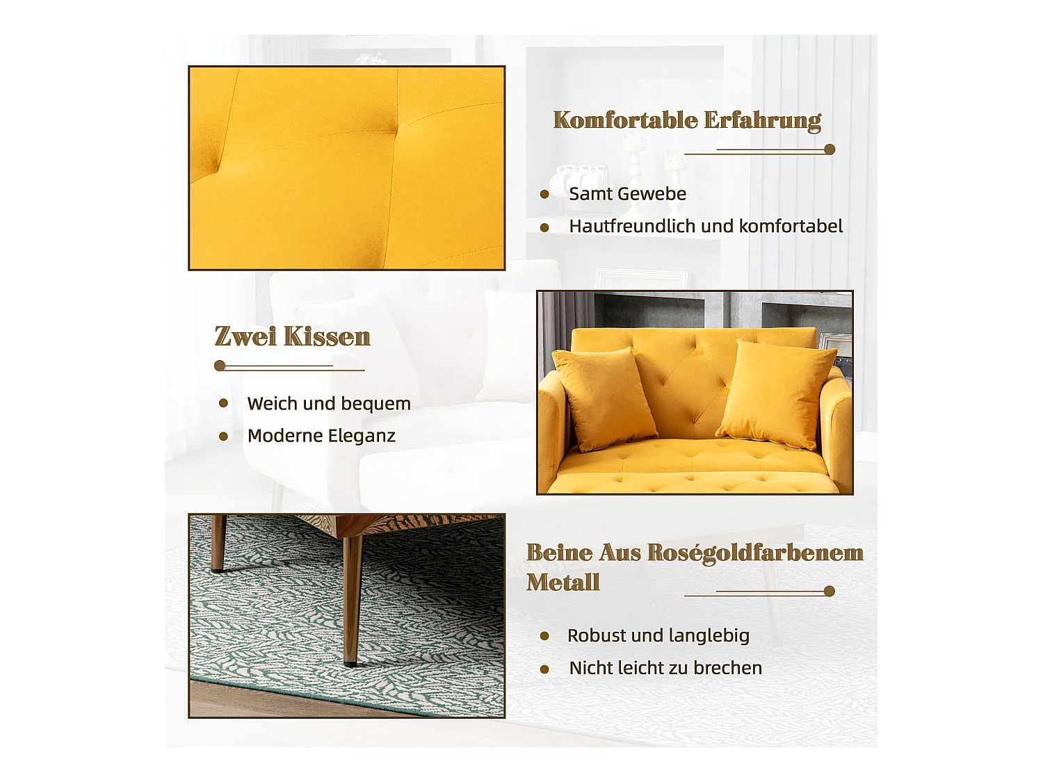 Canapé Convertible 2 Places en Velours côtelé Jaune - Canapé Modern avec 2 Coussins - Dossier réglable - 165x90x77cm