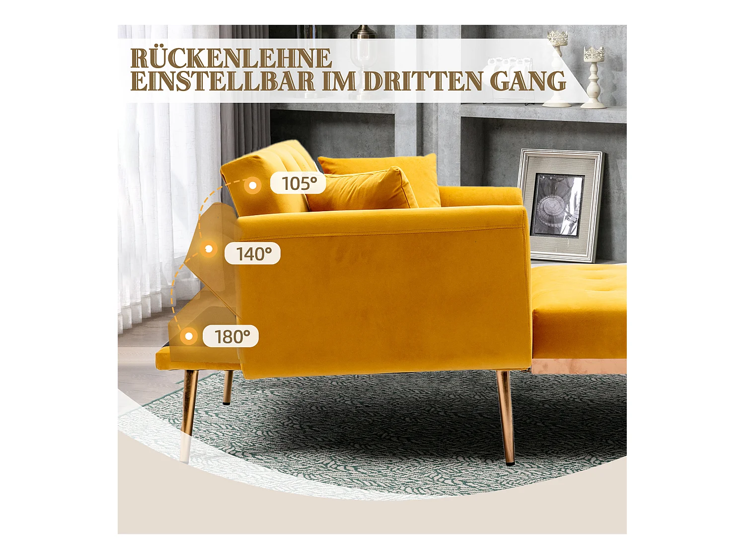 Canapé Convertible 2 Places en Velours côtelé Jaune - Canapé Modern avec 2 Coussins - Dossier réglable - 165x90x77cm