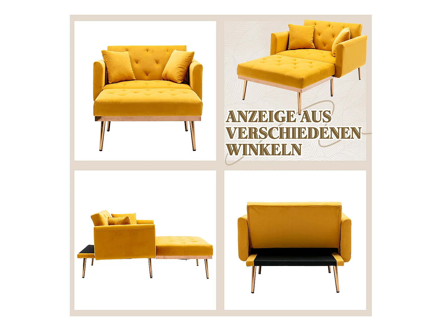 Canapé Convertible 2 Places en Velours côtelé Jaune - Canapé Modern avec 2 Coussins - Dossier réglable - 165x90x77cm