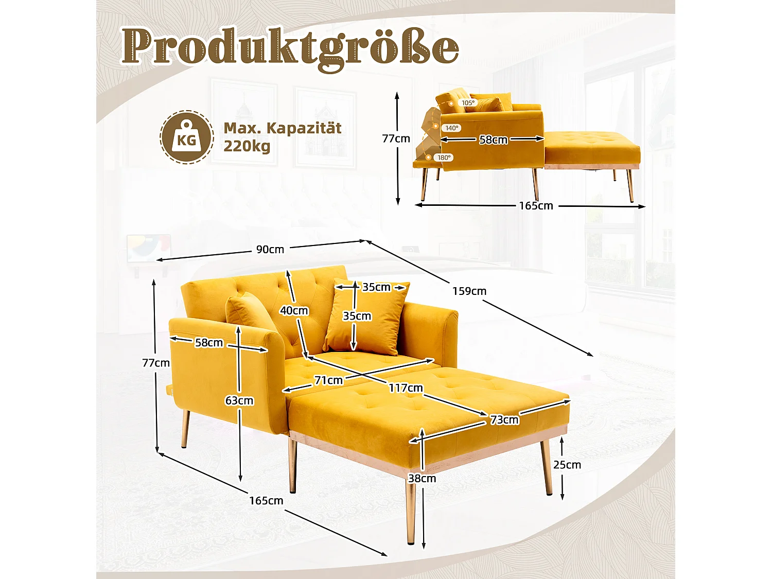 Canapé Convertible 2 Places en Velours côtelé Jaune - Canapé Modern avec 2 Coussins - Dossier réglable - 165x90x77cm