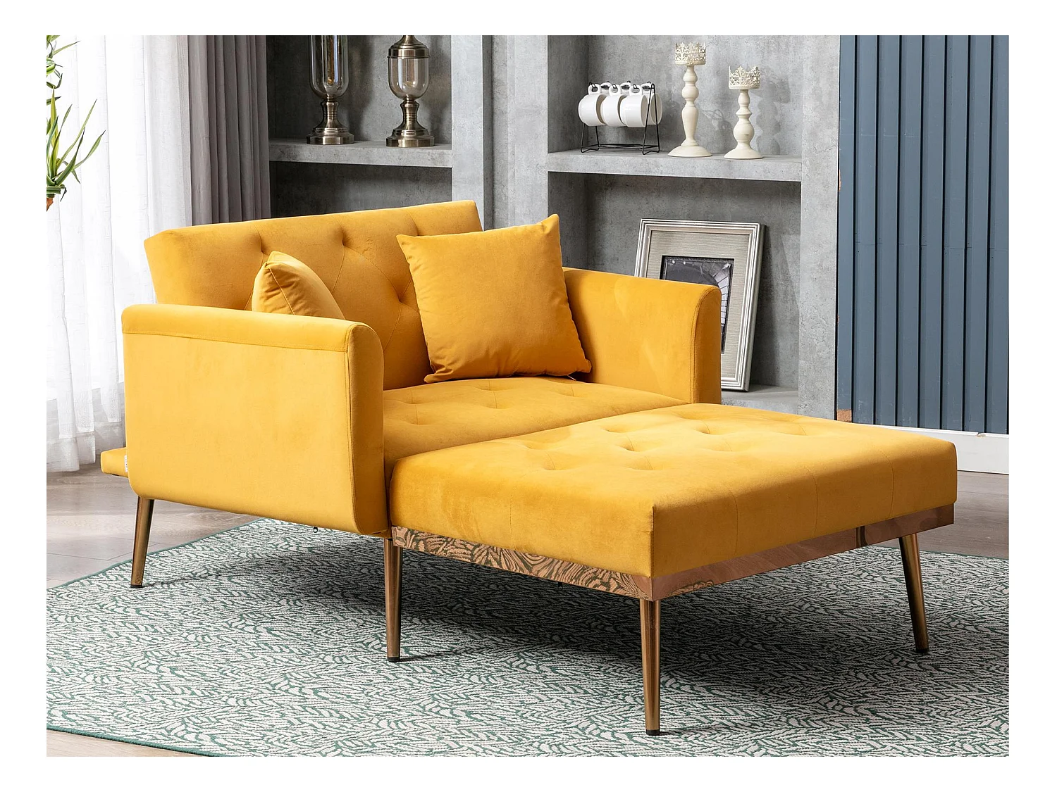 Canapé Convertible 2 Places en Velours côtelé Jaune - Canapé Modern avec 2 Coussins - Dossier réglable - 165x90x77cm