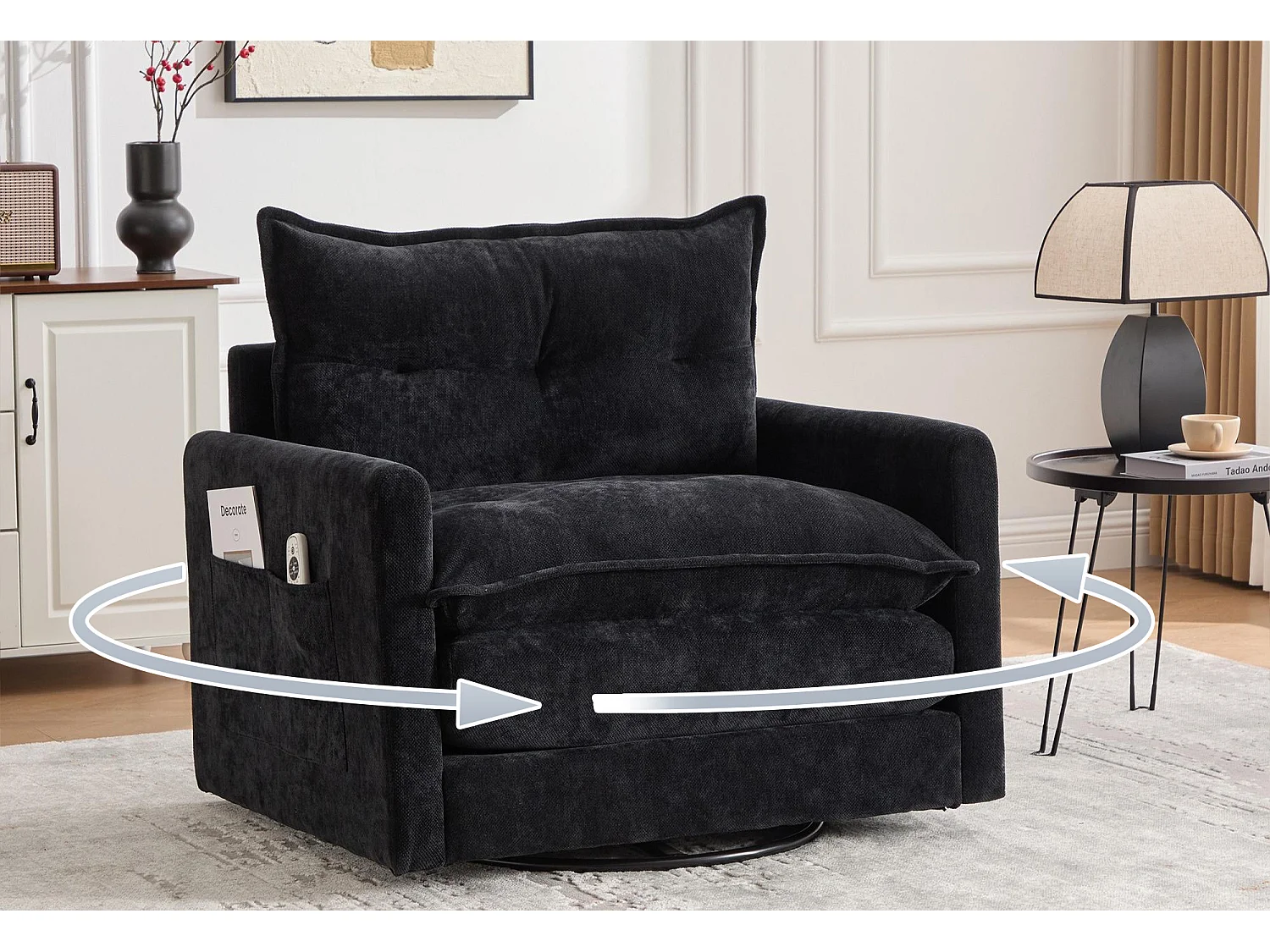 Fauteuil pivotant 360° noir – double couche d’assise, confort optimal et poche latérale – idéal pour salon, chambre et bureau