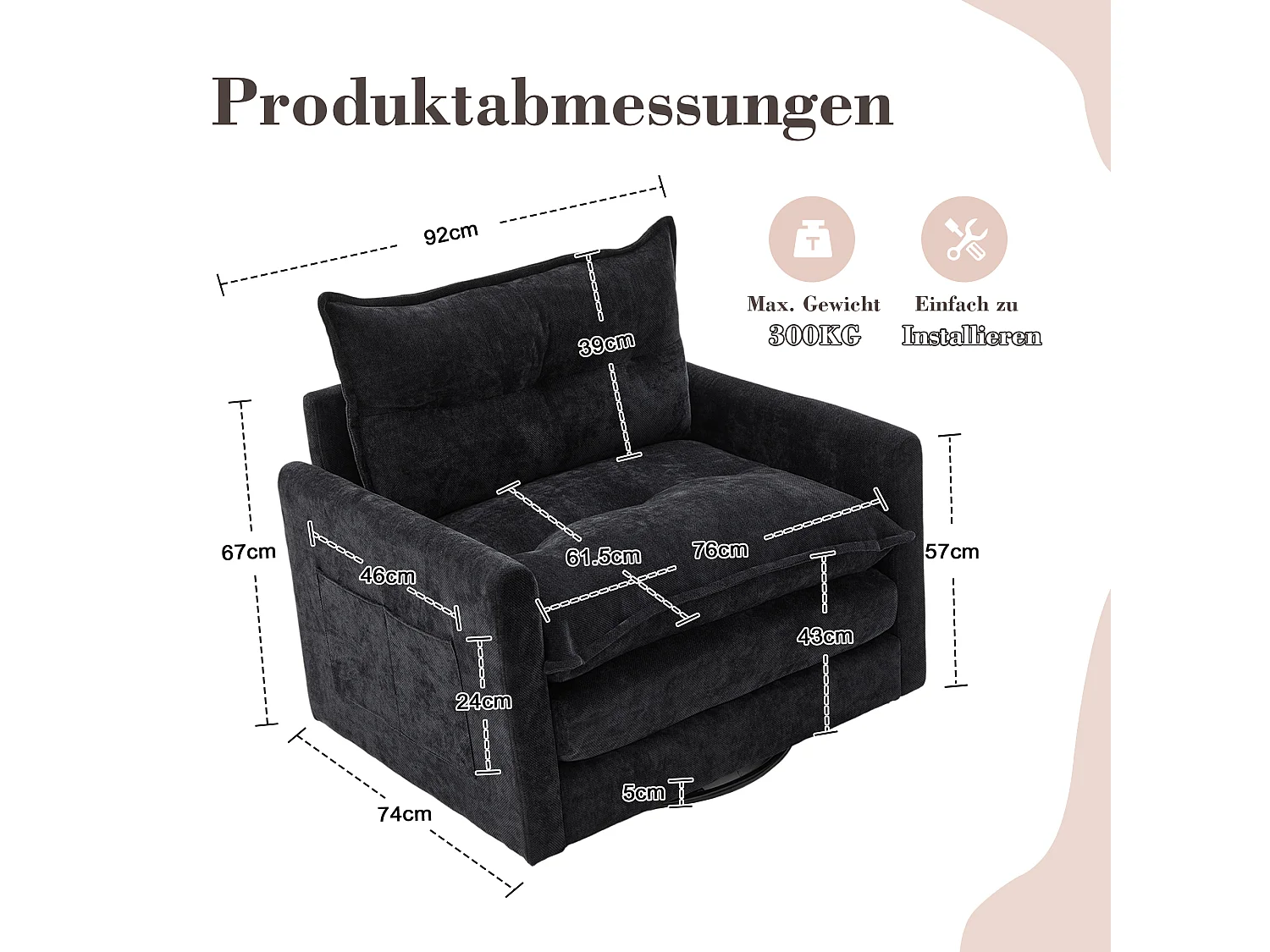 Fauteuil pivotant 360° noir – double couche d’assise, confort optimal et poche latérale – idéal pour salon, chambre et bureau