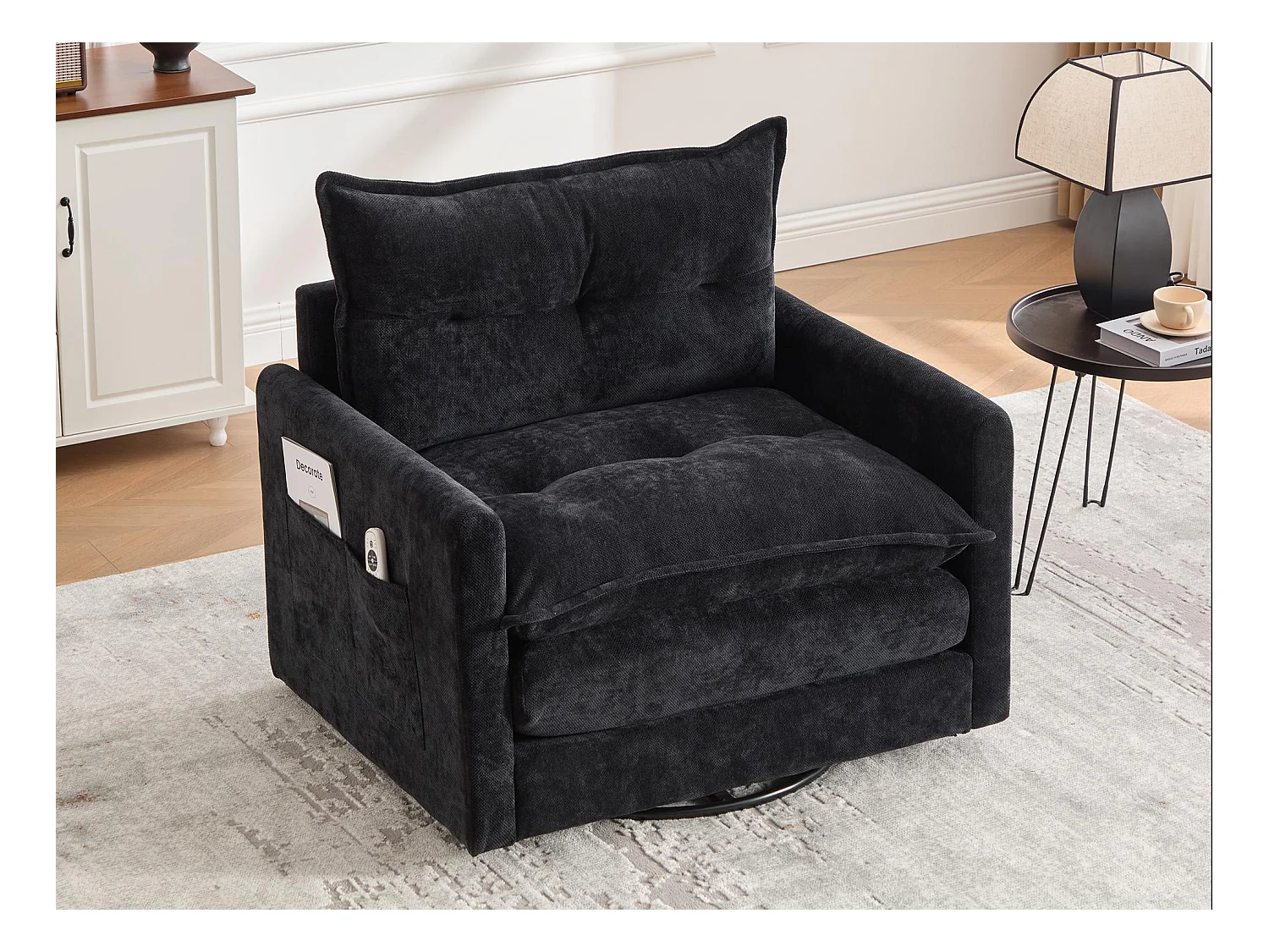 Fauteuil pivotant 360° noir – double couche d’assise, confort optimal et poche latérale – idéal pour salon, chambre et bureau