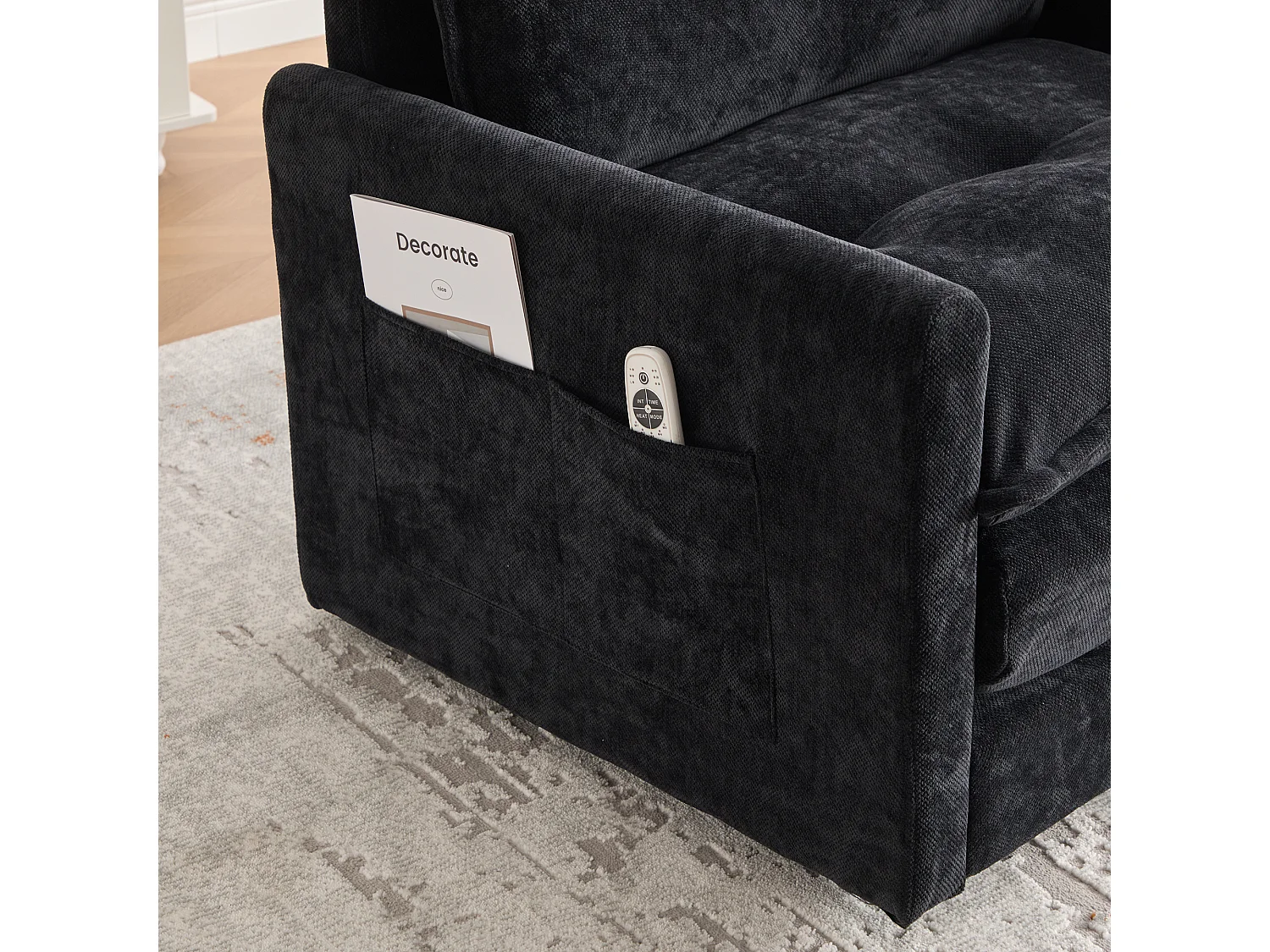 Fauteuil pivotant 360° noir – double couche d’assise, confort optimal et poche latérale – idéal pour salon, chambre et bureau