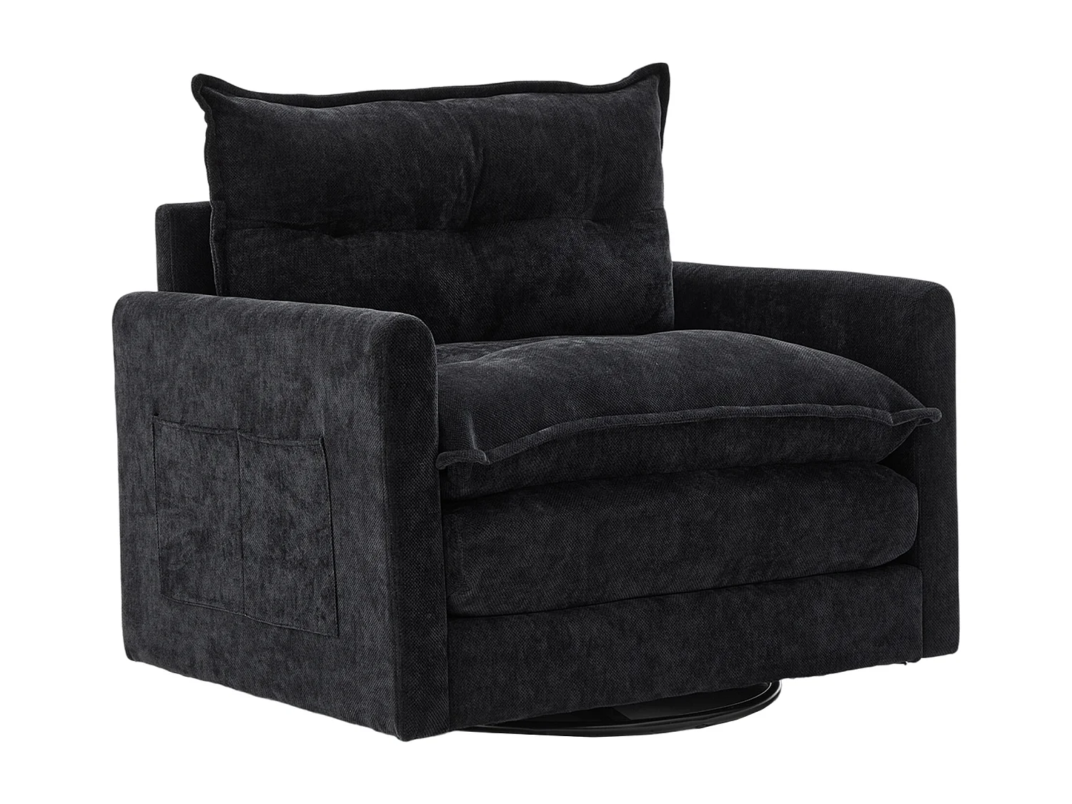 Fauteuil pivotant 360° noir – double couche d’assise, confort optimal et poche latérale – idéal pour salon, chambre et bureau