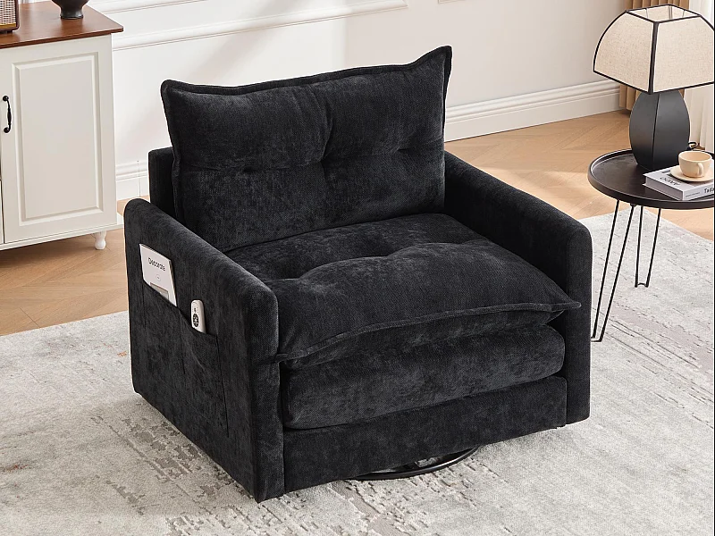 Fauteuil pivotant 360° noir – double couche d’assise, confort optimal et poche latérale – idéal pour salon, chambre et bureau