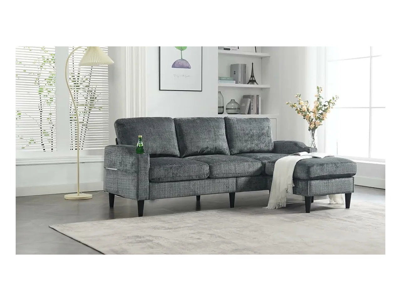 Canapé 3 places en tissu chenille Jaune – avec repose‑pieds mobile coffre & porte‑gobelet – idéal pour salon et bureau - 196.5x75x77cm