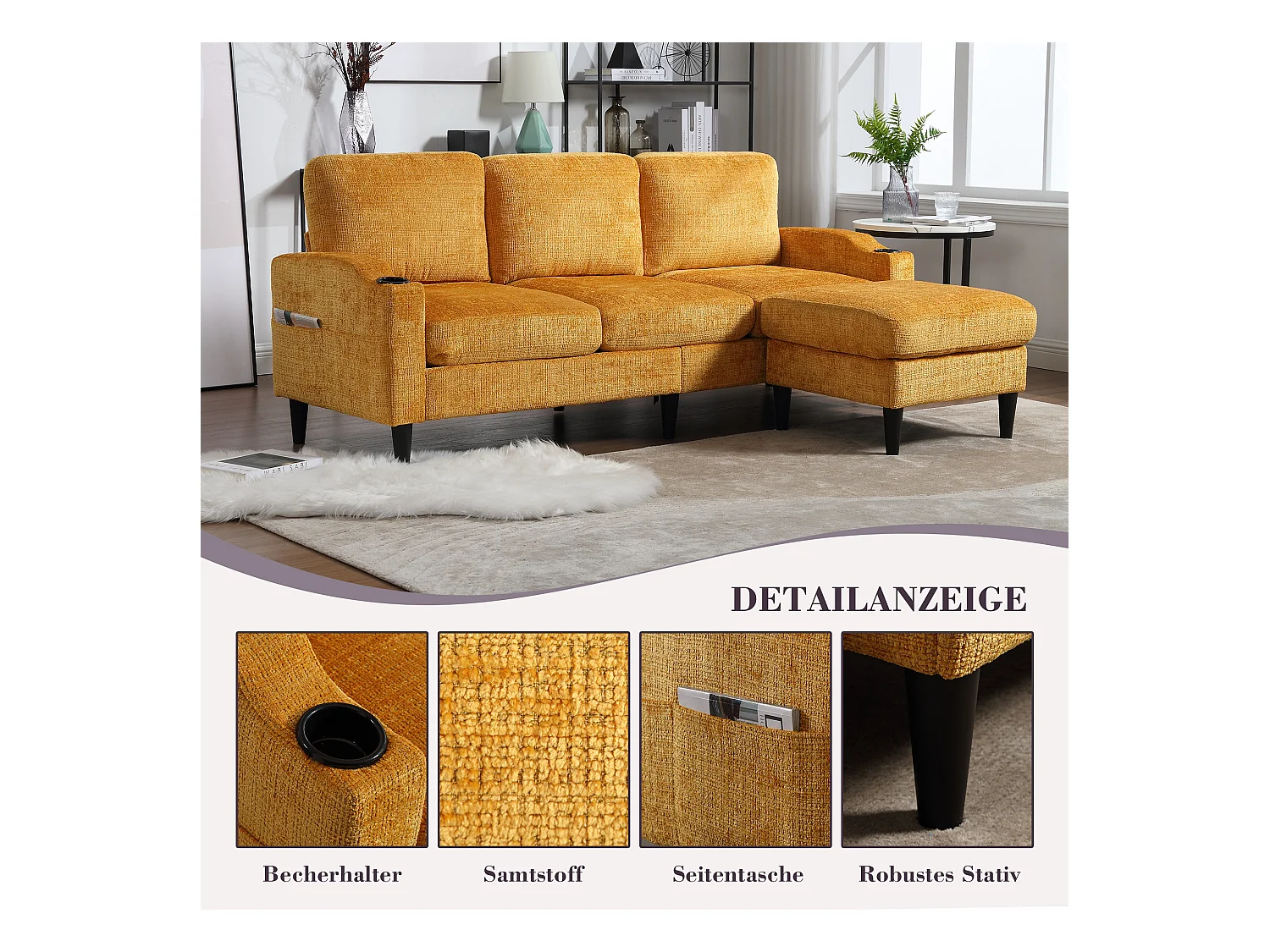 Canapé 3 places en tissu chenille Jaune – avec repose‑pieds mobile coffre & porte‑gobelet – idéal pour salon et bureau - 196.5x75x77cm