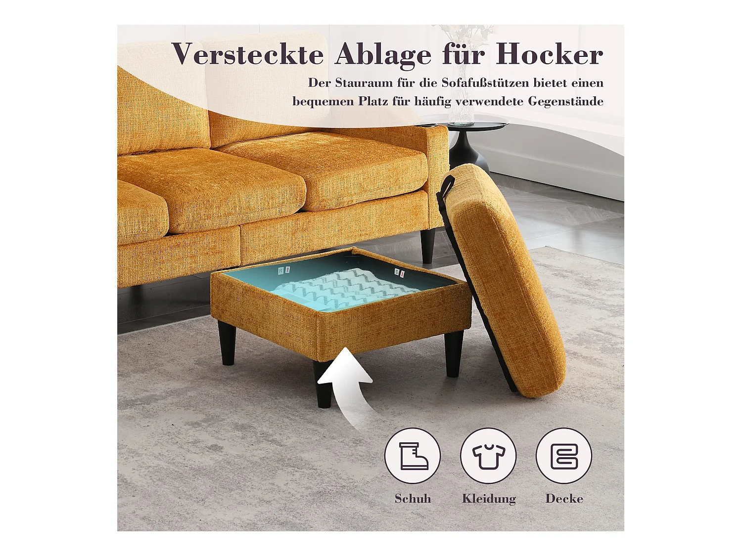 Canapé 3 places en tissu chenille Jaune – avec repose‑pieds mobile coffre & porte‑gobelet – idéal pour salon et bureau - 196.5x75x77cm