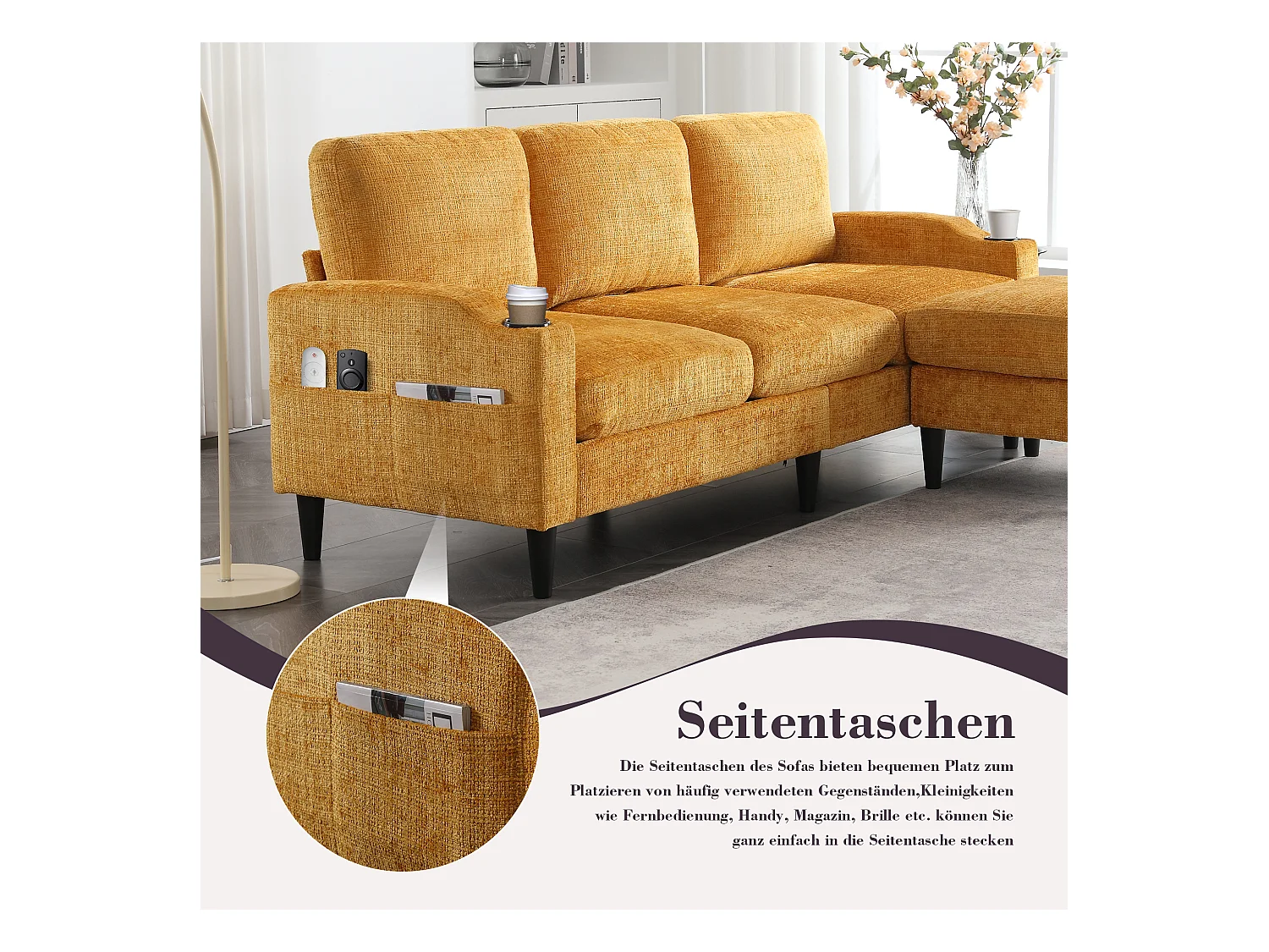 Canapé 3 places en tissu chenille Jaune – avec repose‑pieds mobile coffre & porte‑gobelet – idéal pour salon et bureau - 196.5x75x77cm