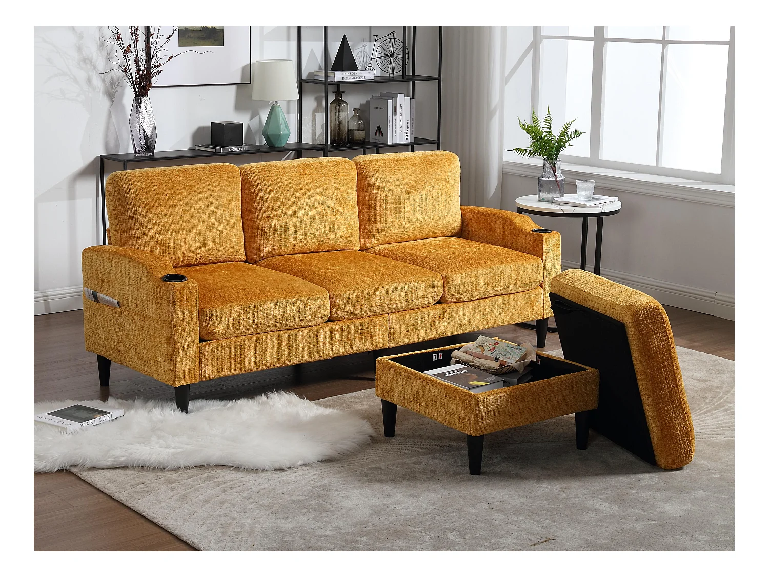 Canapé 3 places en tissu chenille Jaune – avec repose‑pieds mobile coffre & porte‑gobelet – idéal pour salon et bureau - 196.5x75x77cm