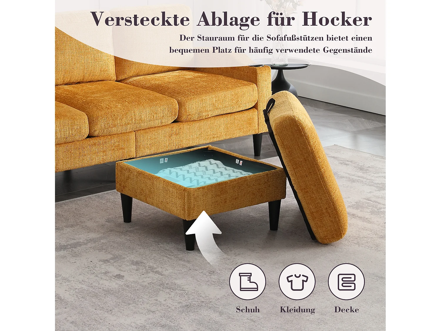 Canapé 3 places en tissu chenille Jaune – avec repose‑pieds mobile coffre & porte‑gobelet – idéal pour salon et bureau - 196.5x75x77cm