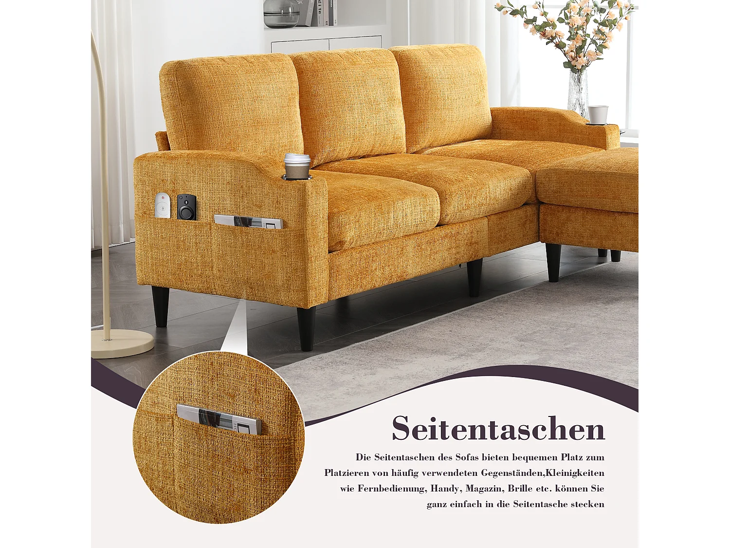 Canapé 3 places en tissu chenille Jaune – avec repose‑pieds mobile coffre & porte‑gobelet – idéal pour salon et bureau - 196.5x75x77cm