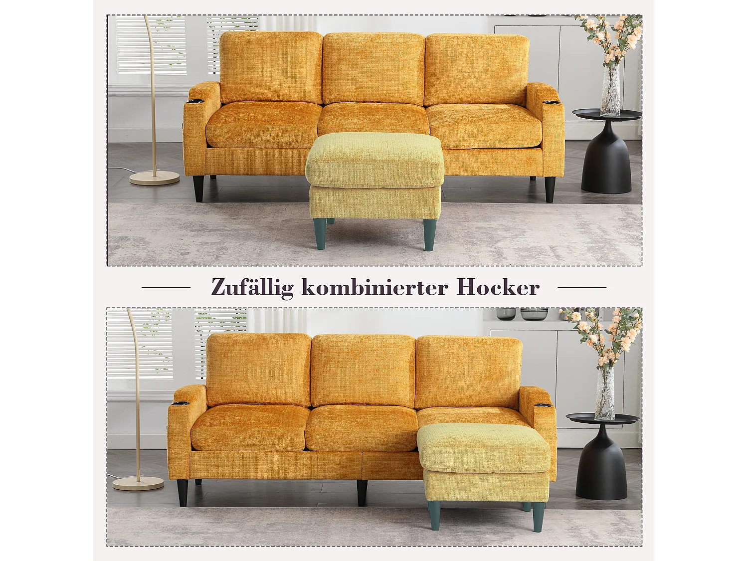 Canapé 3 places en tissu chenille Jaune – avec repose‑pieds mobile coffre & porte‑gobelet – idéal pour salon et bureau - 196.5x75x77cm