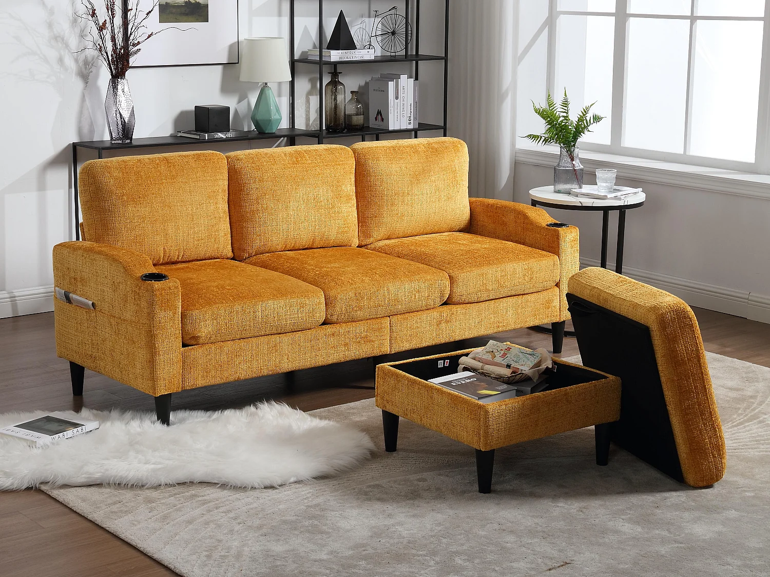 Canapé 3 places en tissu chenille Jaune – avec repose‑pieds mobile coffre & porte‑gobelet – idéal pour salon et bureau - 196.5x75x77cm