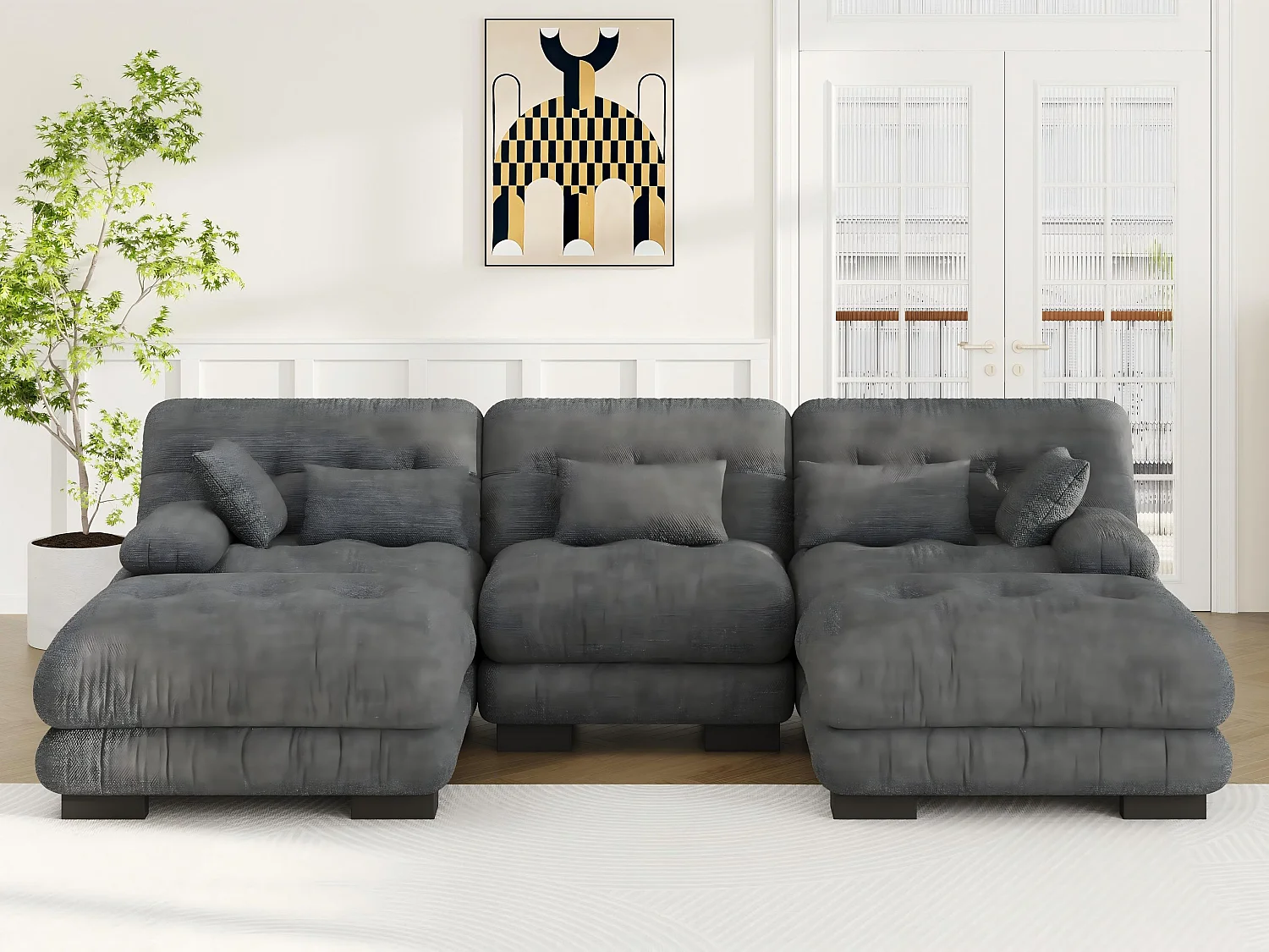 Canapé 5 Places en Velours Gris - canapé d'angle modulable - 300 x 143 x 80 cm - Confort et Douceur Absolus pour Votre Salon