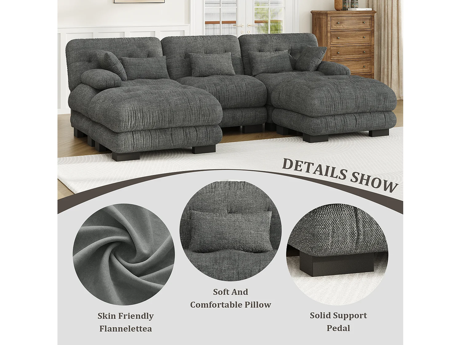 Canapé 5 Places en Velours Gris - canapé d'angle modulable - 300 x 143 x 80 cm - Confort et Douceur Absolus pour Votre Salon