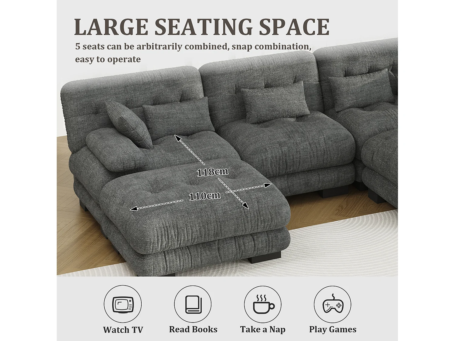 Canapé 5 Places en Velours Gris - canapé d'angle modulable - 300 x 143 x 80 cm - Confort et Douceur Absolus pour Votre Salon