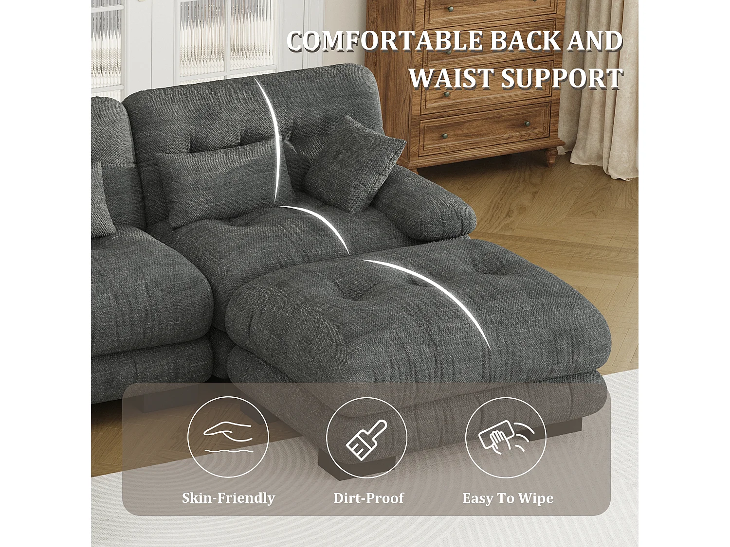 Canapé 5 Places en Velours Gris - canapé d'angle modulable - 300 x 143 x 80 cm - Confort et Douceur Absolus pour Votre Salon