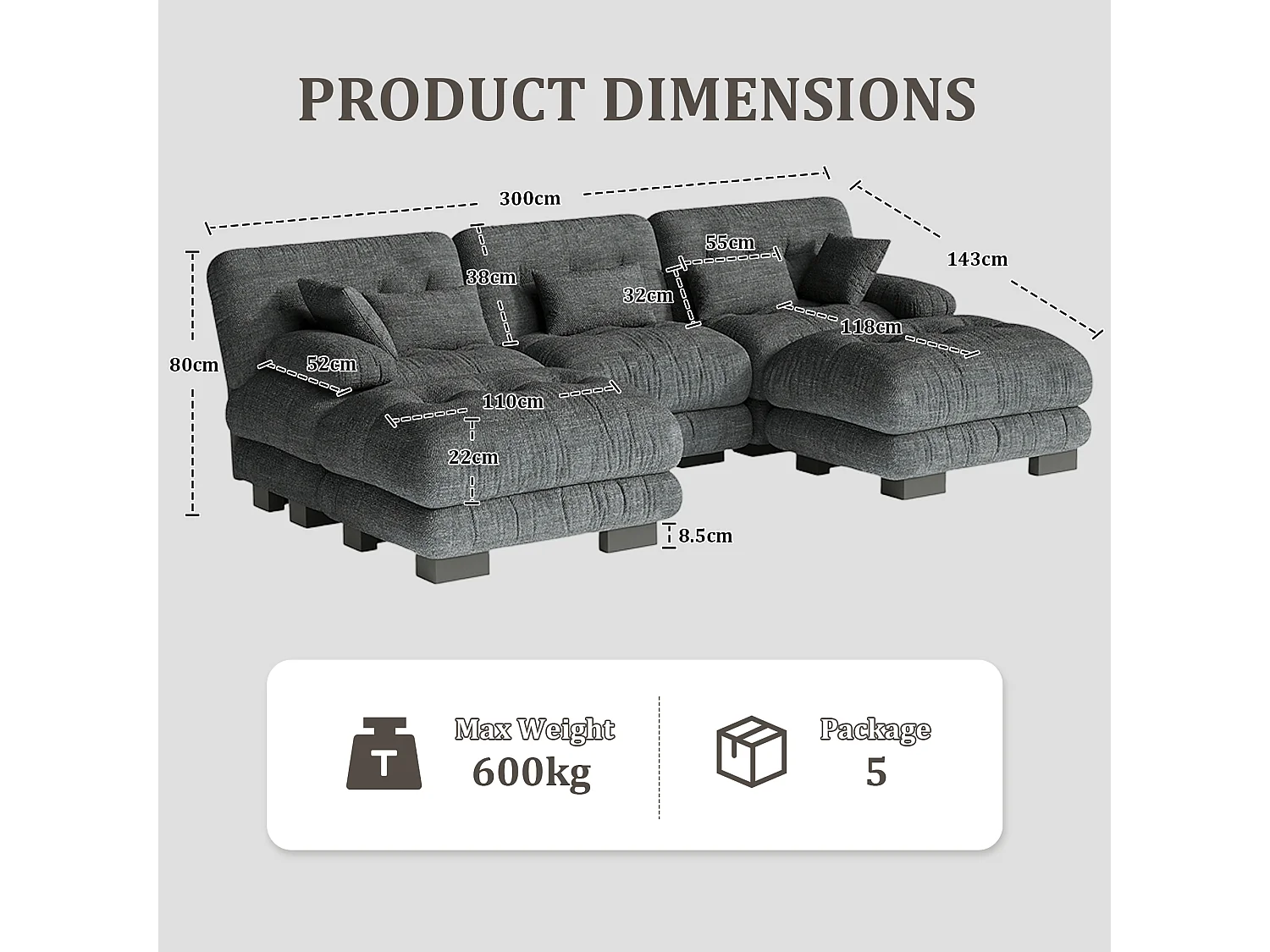 Canapé 5 Places en Velours Gris - canapé d'angle modulable - 300 x 143 x 80 cm - Confort et Douceur Absolus pour Votre Salon