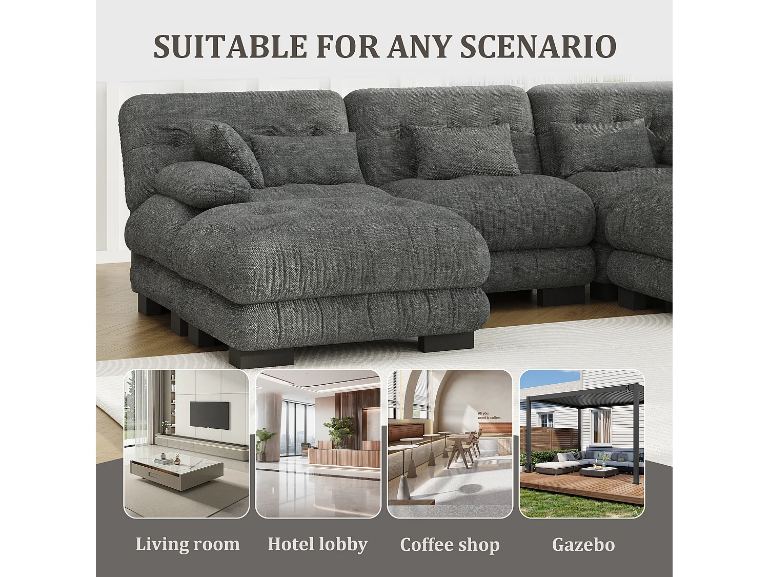 Canapé 5 Places en Velours Gris - canapé d'angle modulable - 300 x 143 x 80 cm - Confort et Douceur Absolus pour Votre Salon