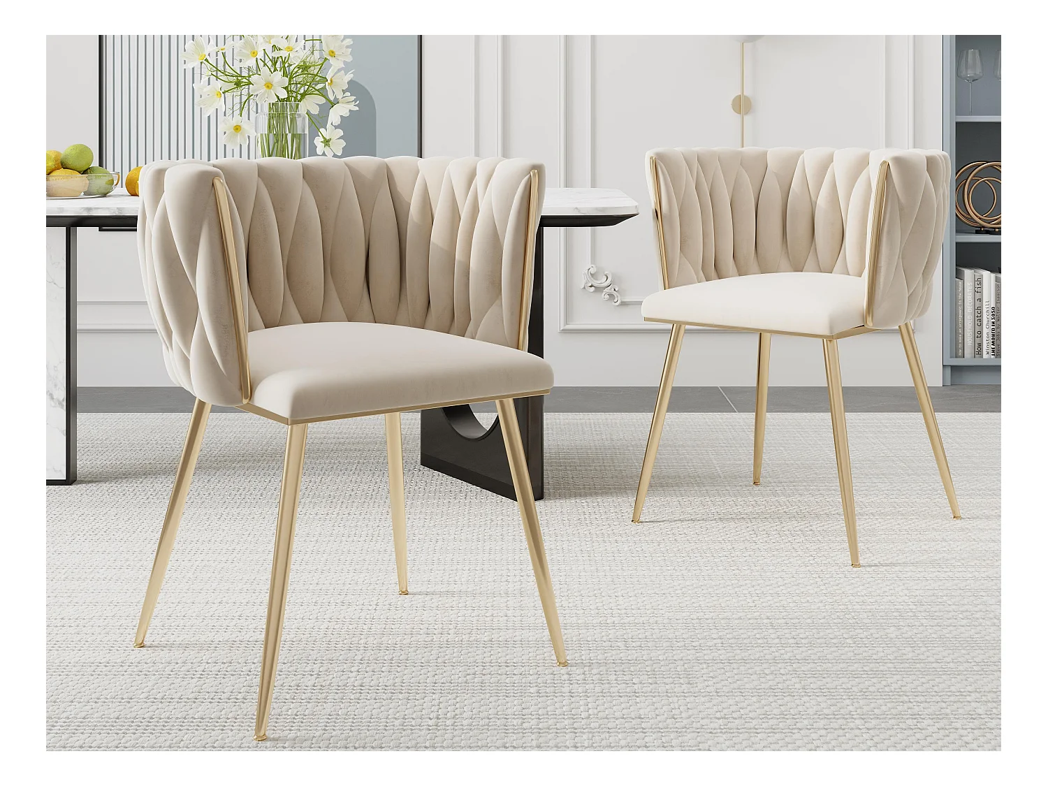 Lot de 2 Chaises Coquillage au Dossier Canné et aux Pieds Dorés - Blanc Ivoire, Élégance Bohème