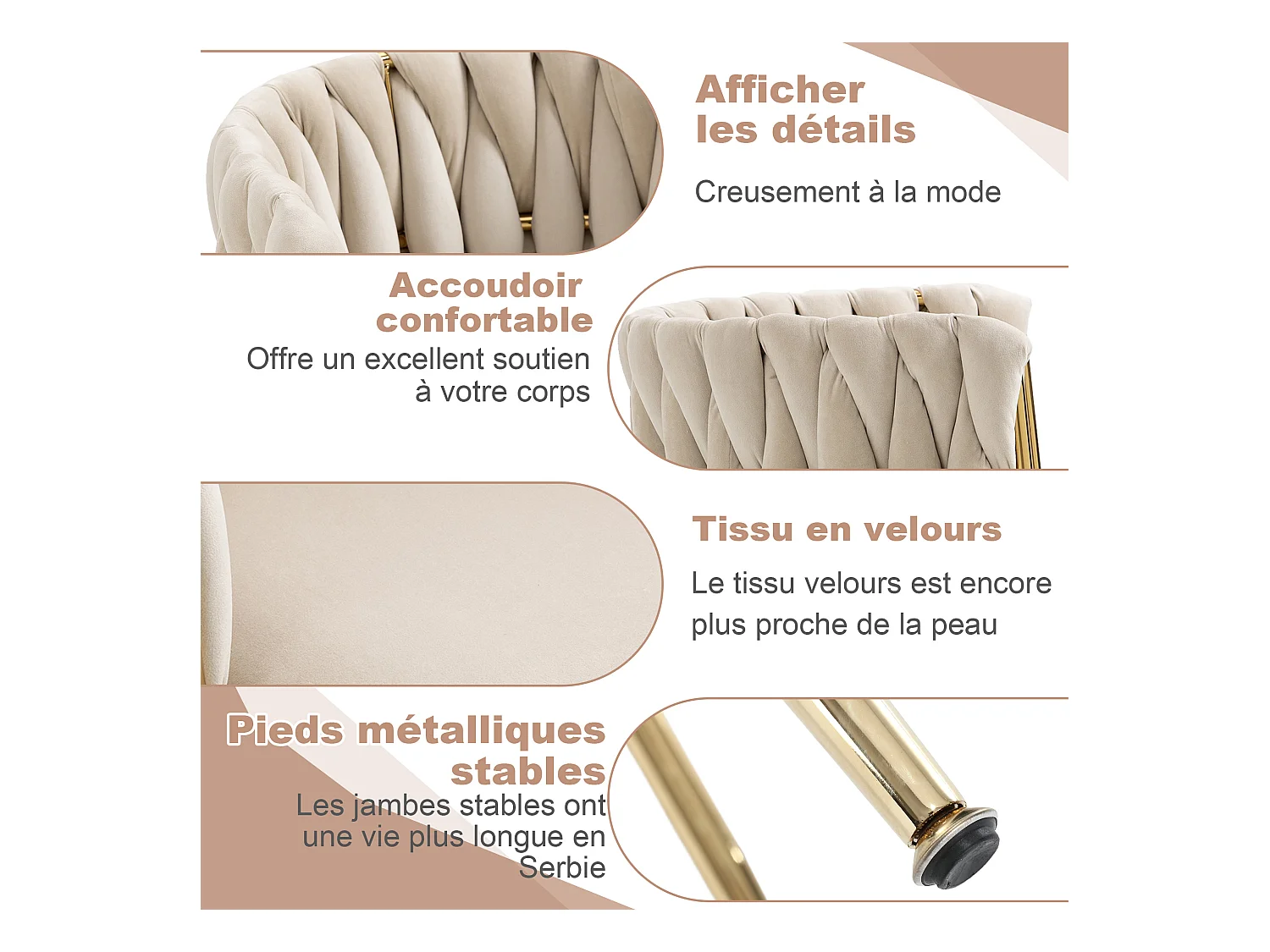 Lot de 2 Chaises Coquillage au Dossier Canné et aux Pieds Dorés - Blanc Ivoire, Élégance Bohème