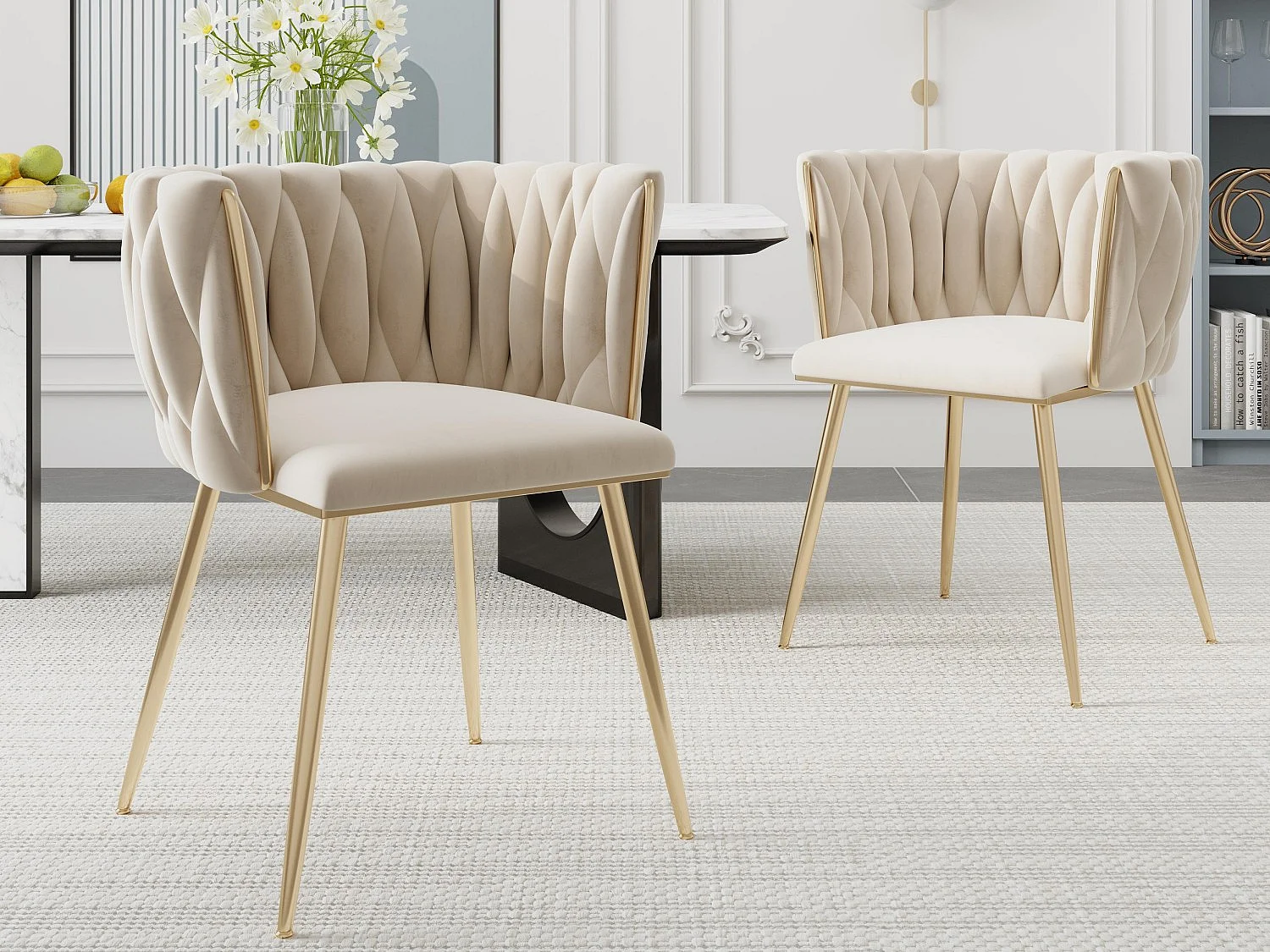 Lot de 2 Chaises Coquillage au Dossier Canné et aux Pieds Dorés - Blanc Ivoire, Élégance Bohème