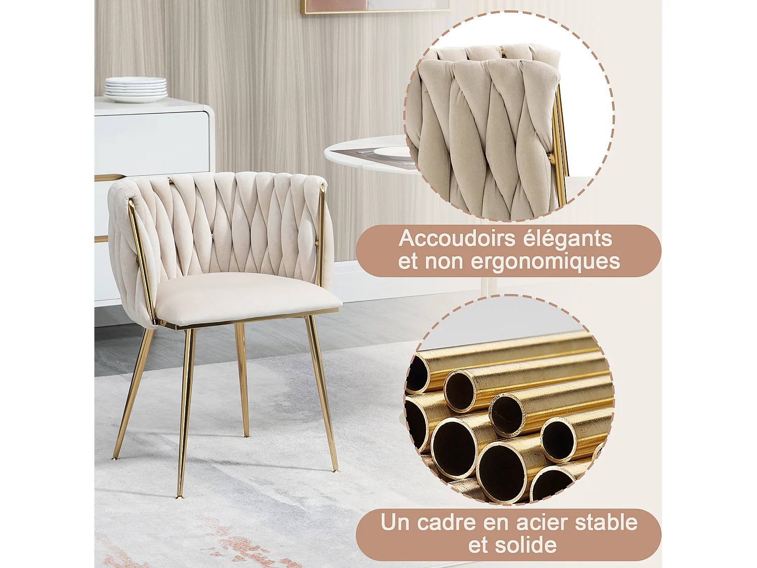 Eetkamerstoel / fauteuil van fluweel - set van 2 - frame van goudkleurig metaal, beige