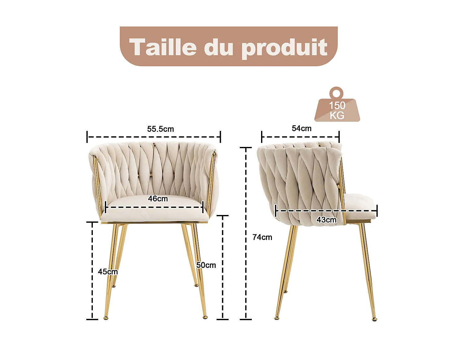 Eetkamerstoel / fauteuil van fluweel - set van 2 - frame van goudkleurig metaal, beige