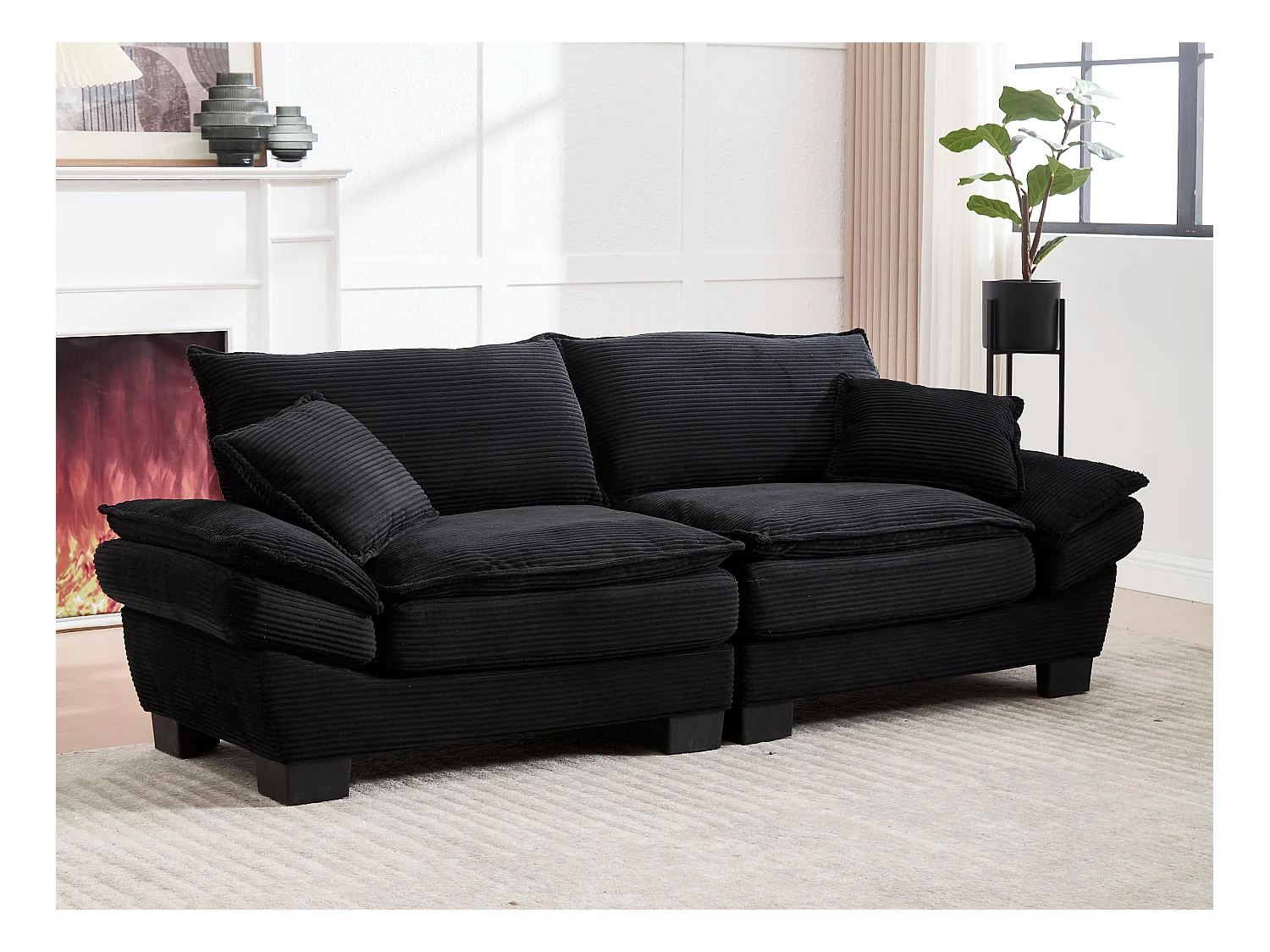 Canapé 2 places en velours noir – dossier inclinable et convertible en lit - 2 coussins inclus - idéal pour salon ou bureau